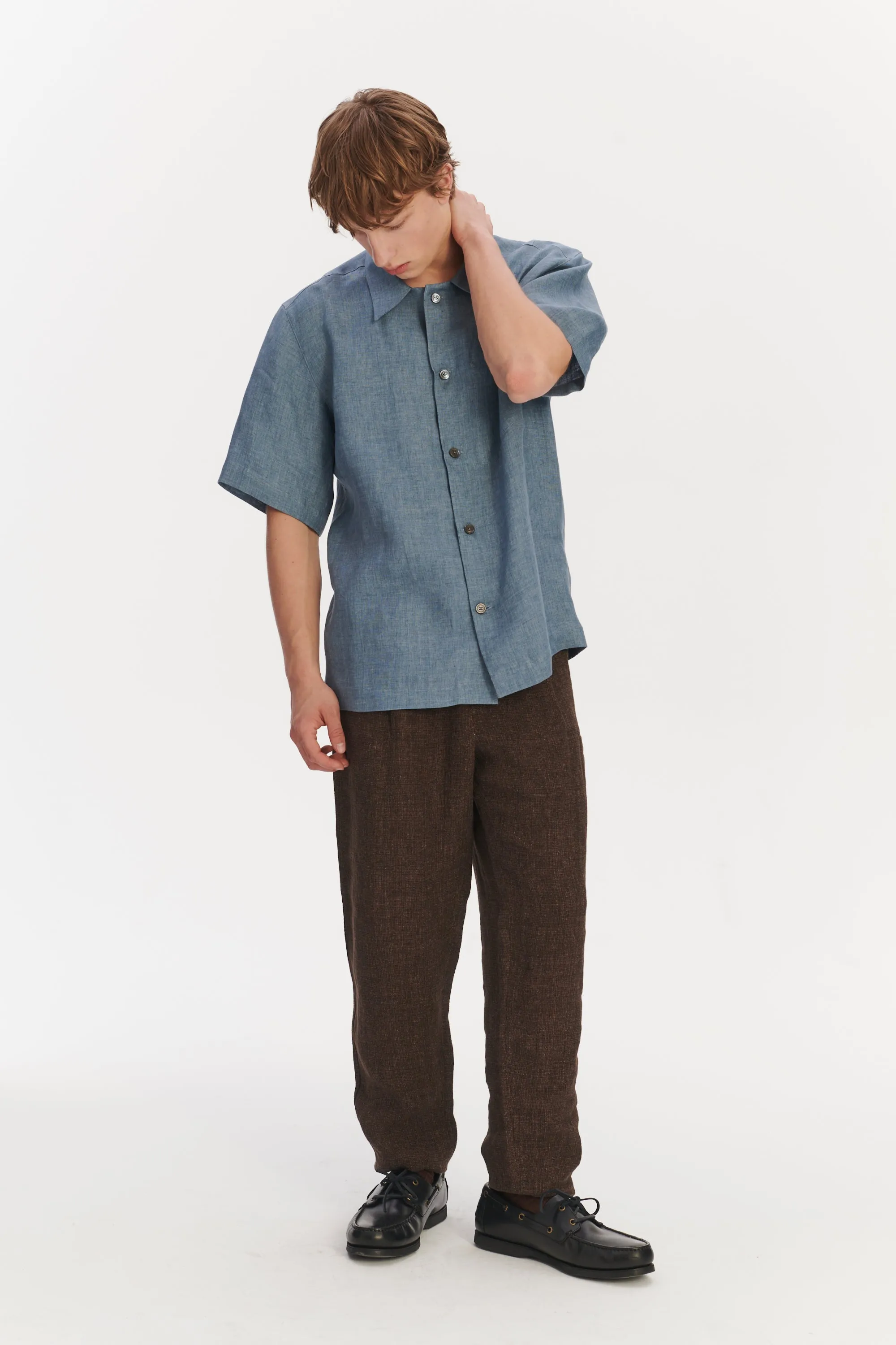 Cuban Collar Shirt in a Steel Blue Rich Structured Italian Oxford Linen sold by Delikatessen