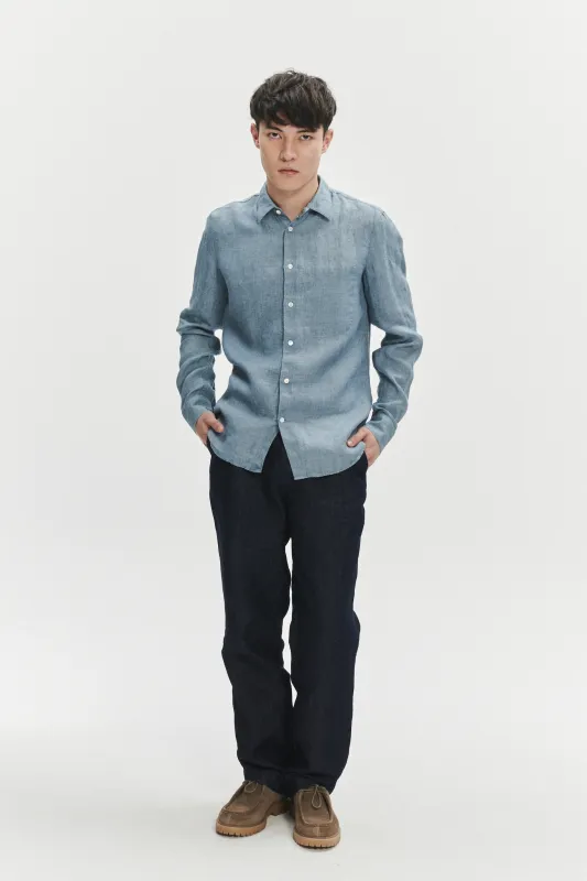 Feel Good Shirt in a Steel Blue Rich Structured Italian Oxford Linen sold by Delikatessen
