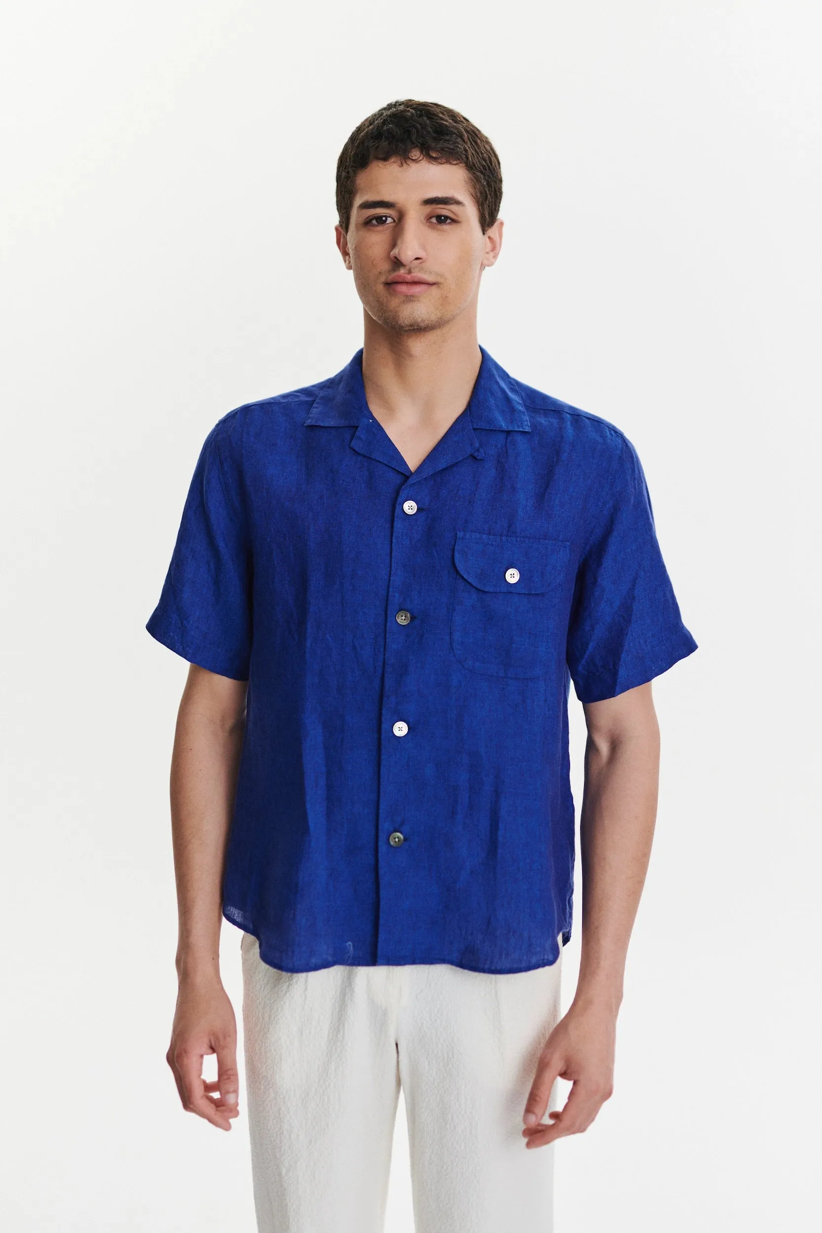 Short Sleeve Camp Collar Shirt in a Soft and Airy Cobalt Blue Bohemian Linen sold by Delikatessen product image thumbnail 4