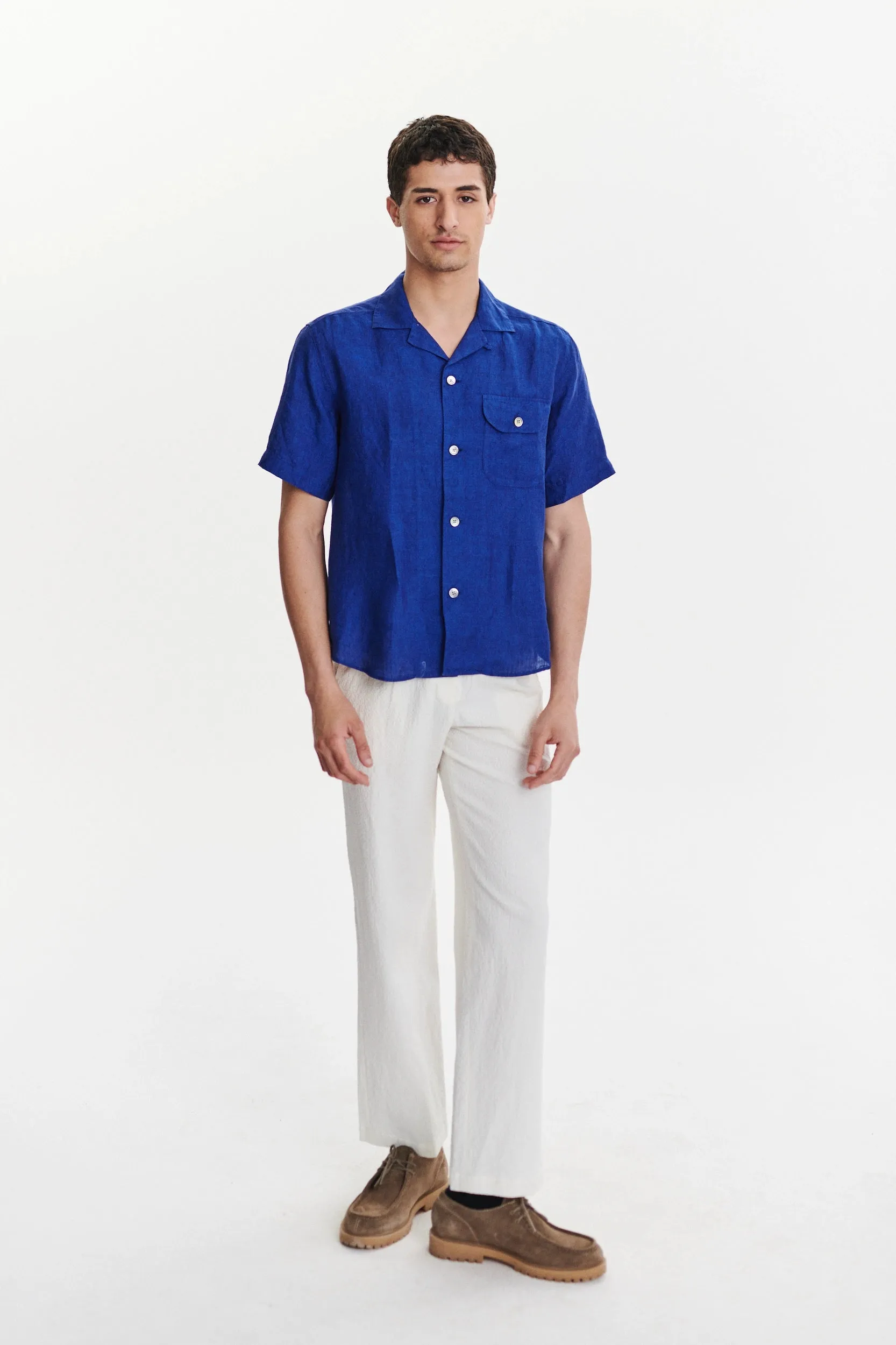 Short Sleeve Camp Collar Shirt in a Soft and Airy Cobalt Blue Bohemian Linen sold by Delikatessen product image thumbnail 3