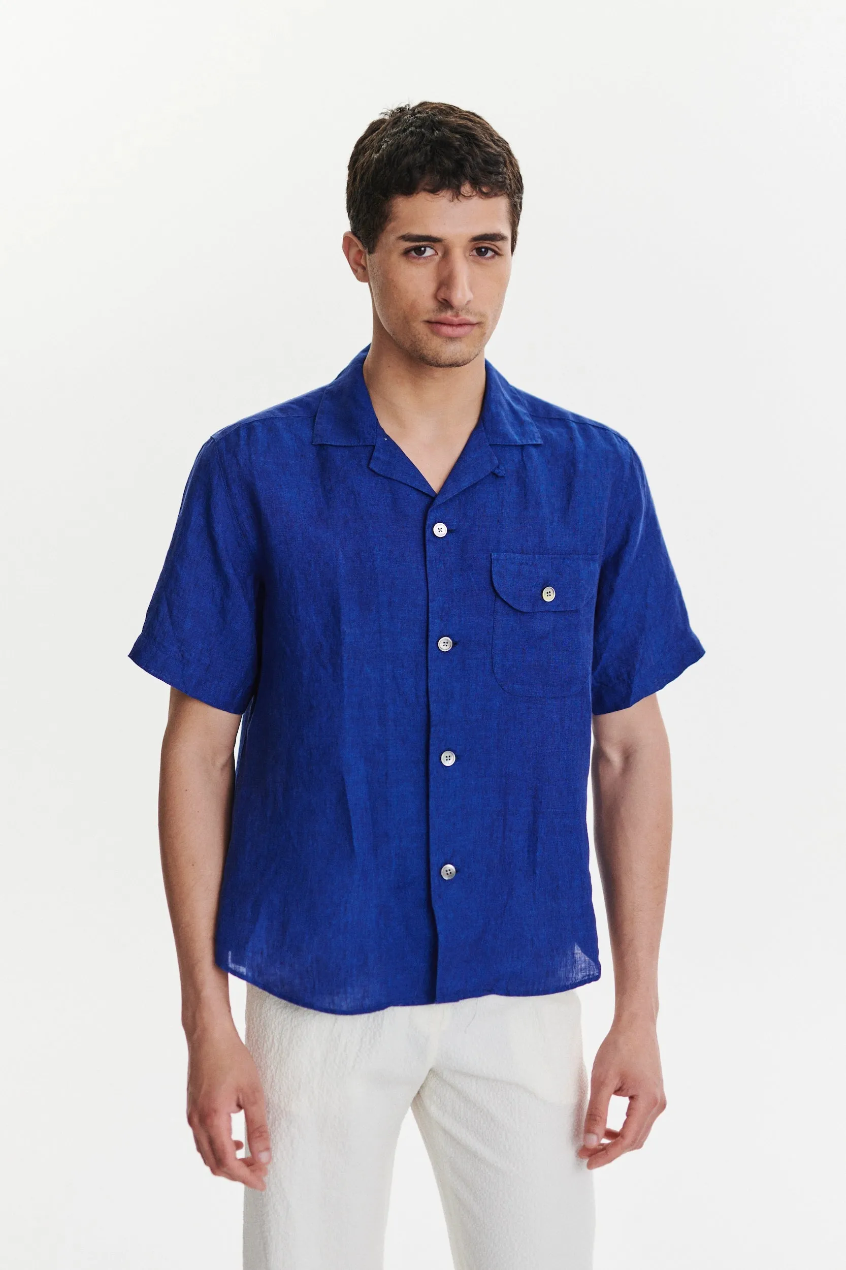 Short Sleeve Camp Collar Shirt in a Soft and Airy Cobalt Blue Bohemian Linen sold by Delikatessen product image thumbnail 5