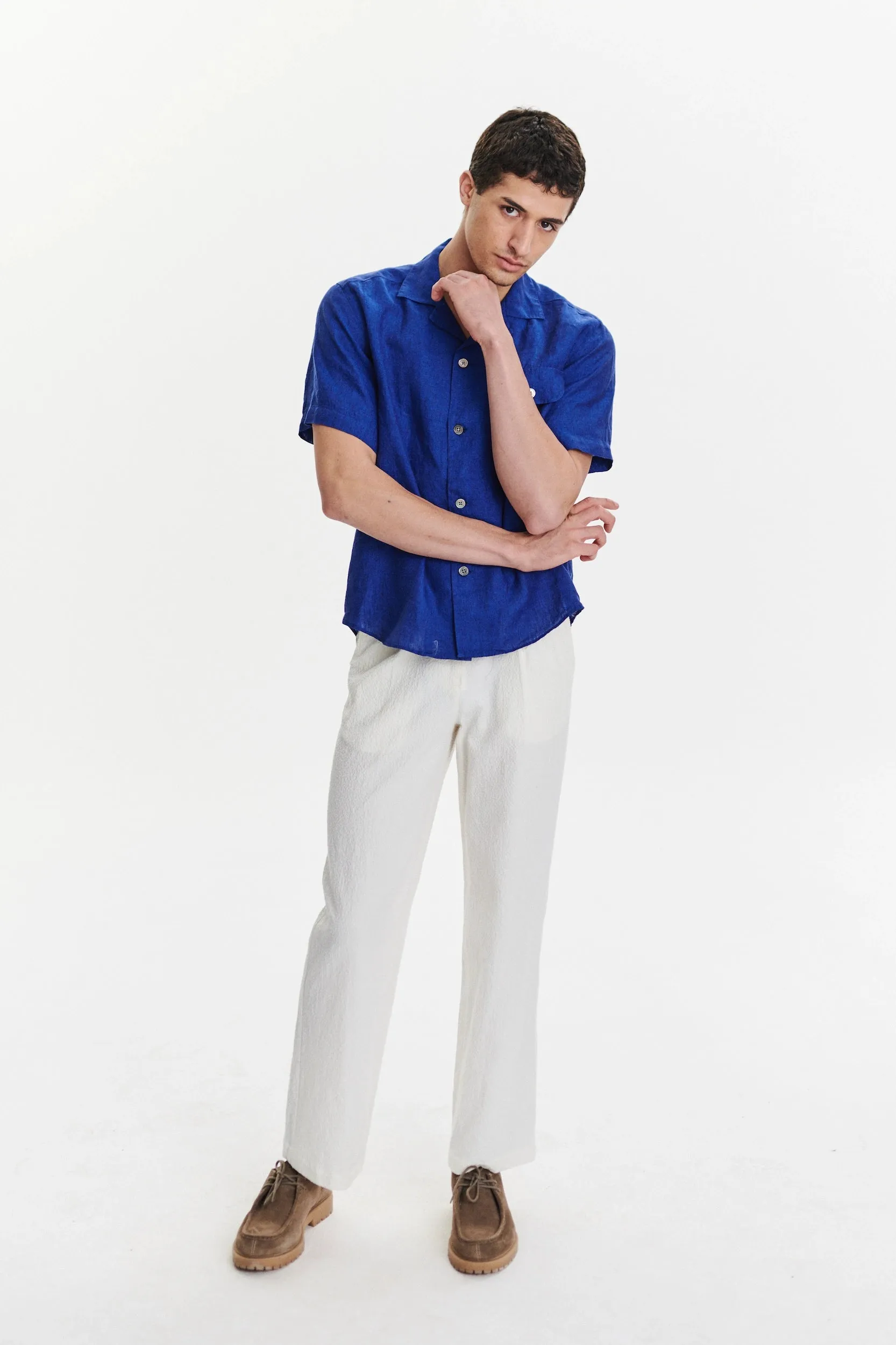 Short Sleeve Camp Collar Shirt in a Soft and Airy Cobalt Blue Bohemian Linen sold by Delikatessen product image thumbnail 2