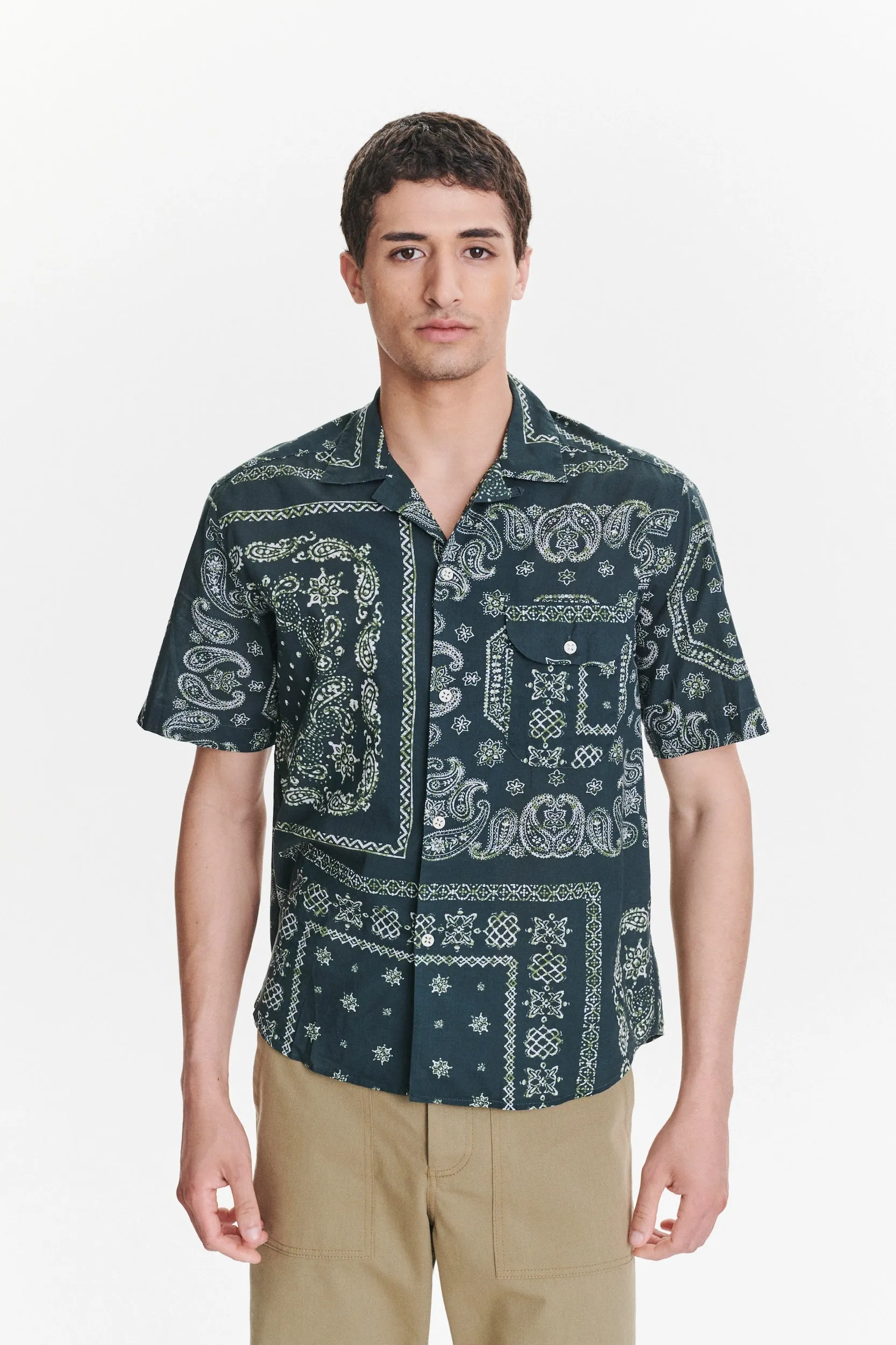 Short Sleeve Camp Collar Shirt in a Green Bandana Print Italian Cotton sold by Delikatessen product image thumbnail 4