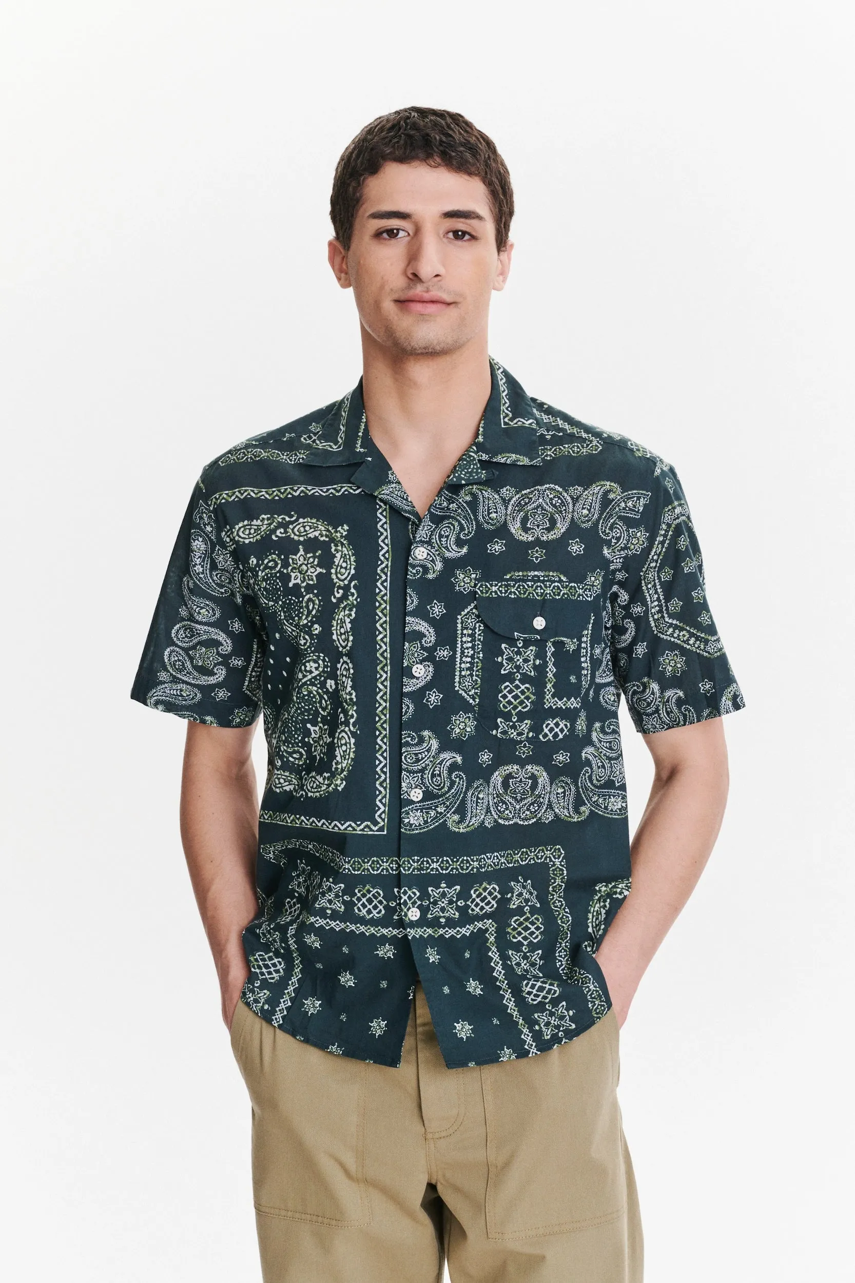 Short Sleeve Camp Collar Shirt in a Green Bandana Print Italian Cotton sold by Delikatessen product image thumbnail 5