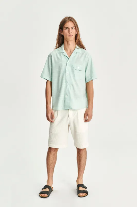 Short Sleeve Camp Collar Shirt in a Mint Green Mix of Portuguese Cotton, Linen and Pineapple sold by Delikatessen