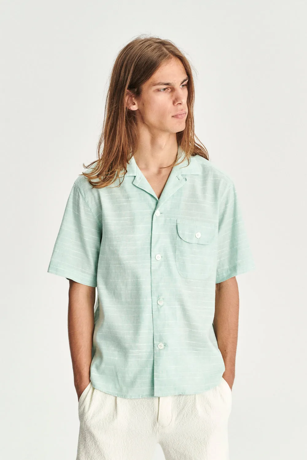 Short Sleeve Camp Collar Shirt in a Mint Green Mix of Portuguese Cotton, Linen and Pineapple sold by Delikatessen product image thumbnail 4