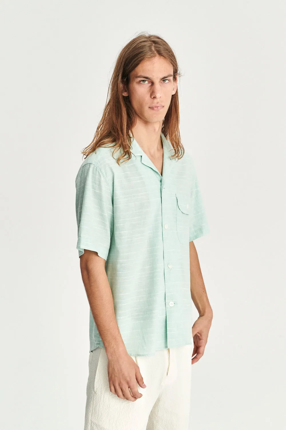 Short Sleeve Camp Collar Shirt in a Mint Green Mix of Portuguese Cotton, Linen and Pineapple sold by Delikatessen product image thumbnail 5
