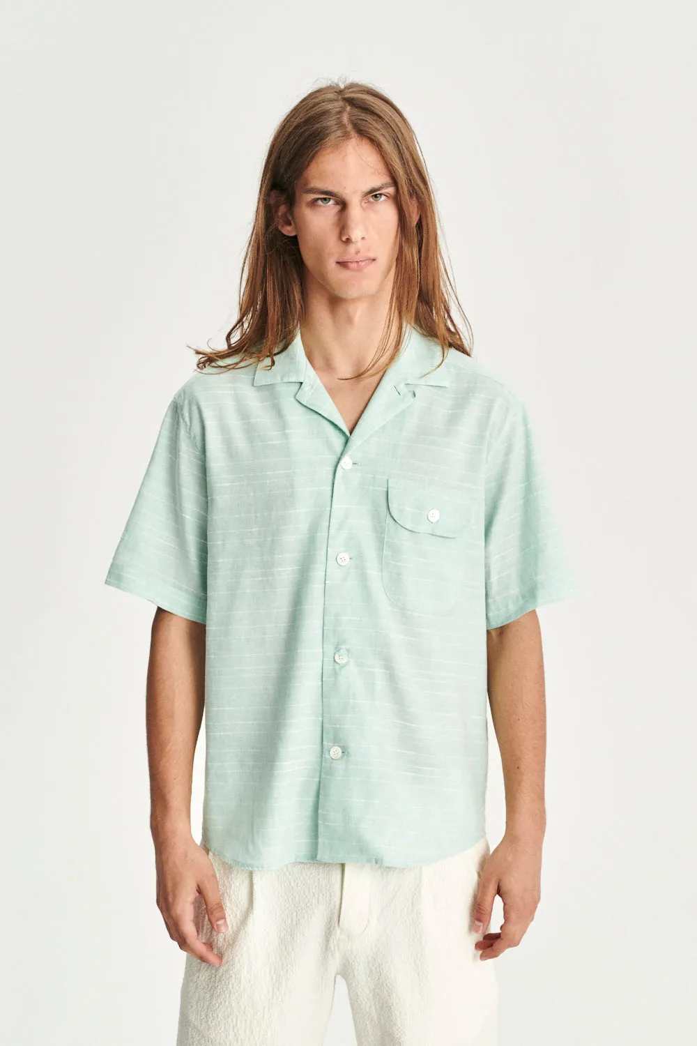 Short Sleeve Camp Collar Shirt in a Mint Green Mix of Portuguese Cotton, Linen and Pineapple sold by Delikatessen product image thumbnail 3