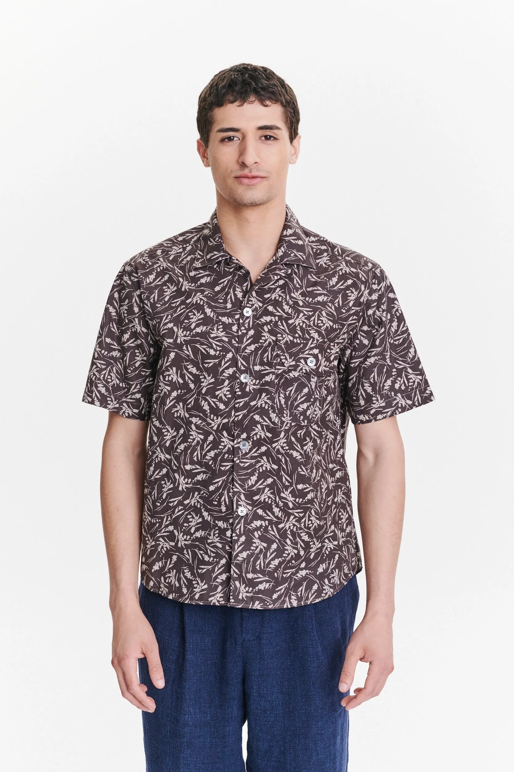 Short Sleeve Camp Collar Shirt in a Subtle Brown and Off White Floral Printed Italian Cotton sold by Delikatessen product image thumbnail 5