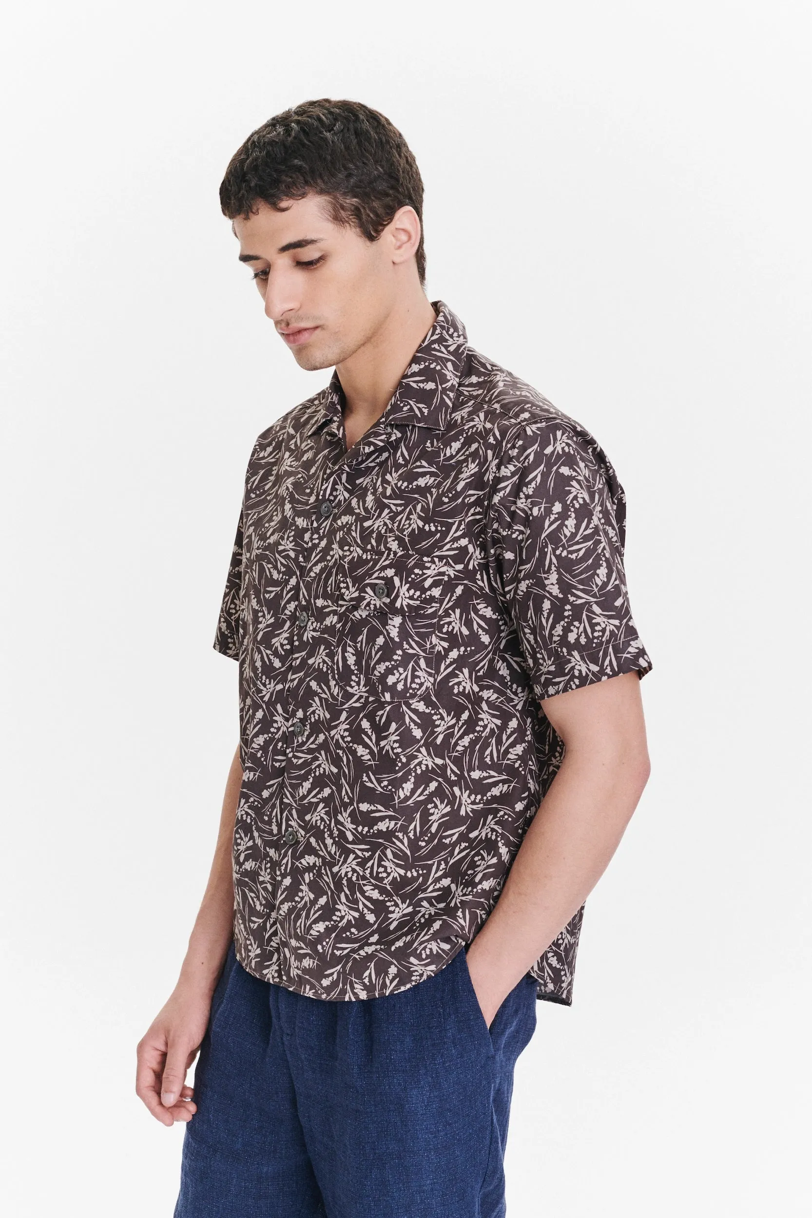 Short Sleeve Camp Collar Shirt in a Subtle Brown and Off White Floral Printed Italian Cotton sold by Delikatessen product image thumbnail 3