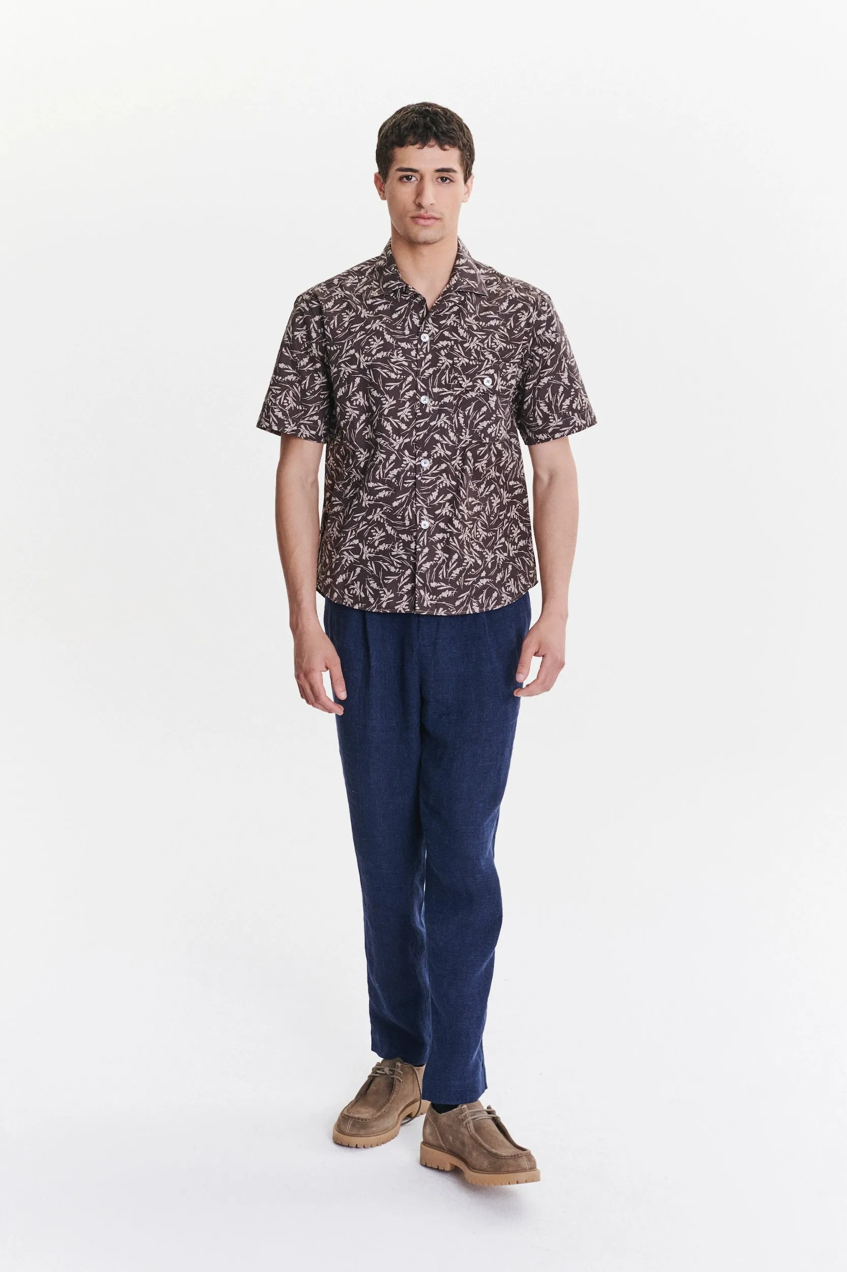 Short Sleeve Camp Collar Shirt in a Subtle Brown and Off White Floral Printed Italian Cotton sold by Delikatessen product image thumbnail 4