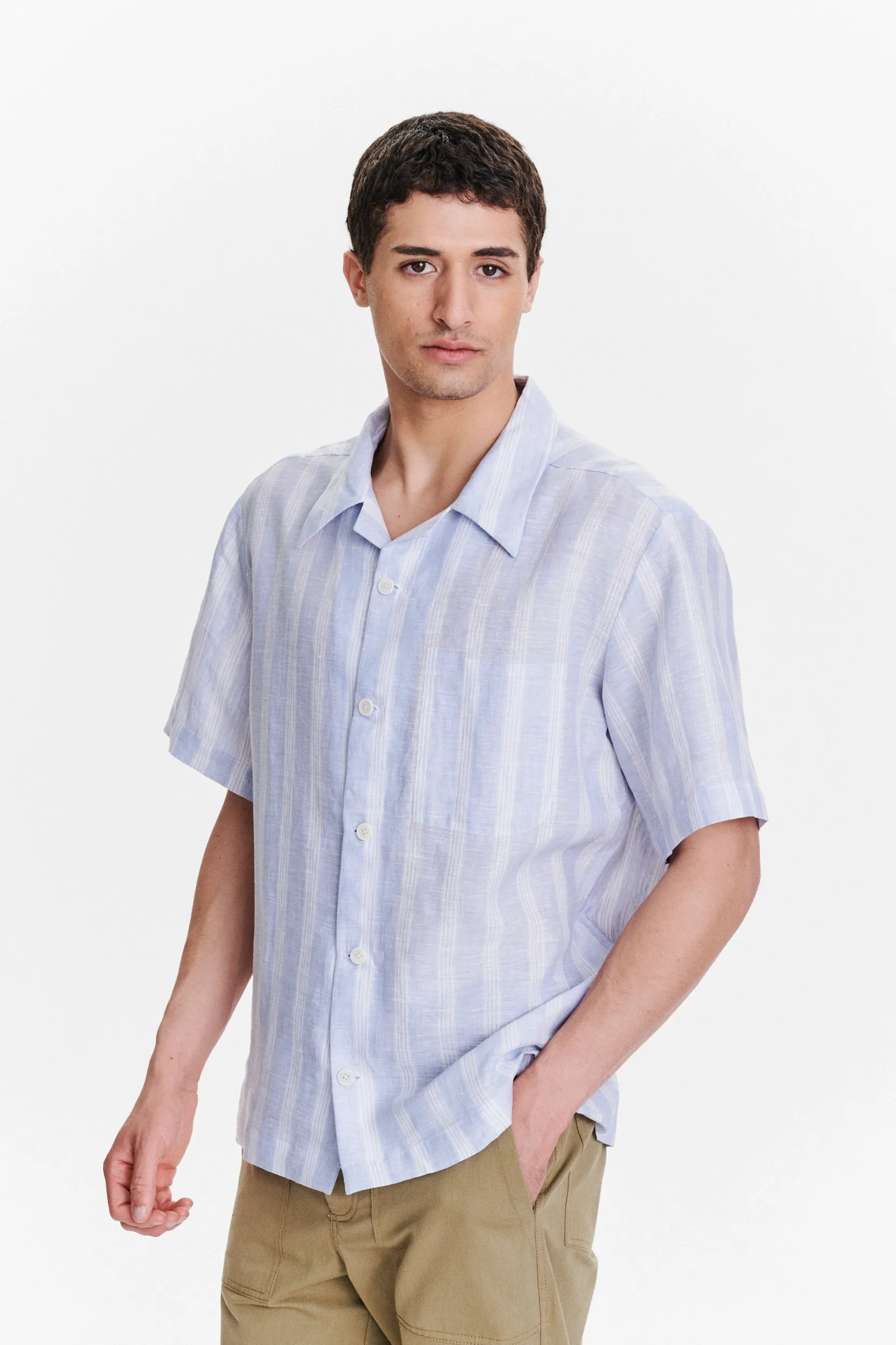 Short Sleeve Cuban Collar Shirt in a Subtle Blue and White Striped Italian Linen sold by Delikatessen product image thumbnail 5