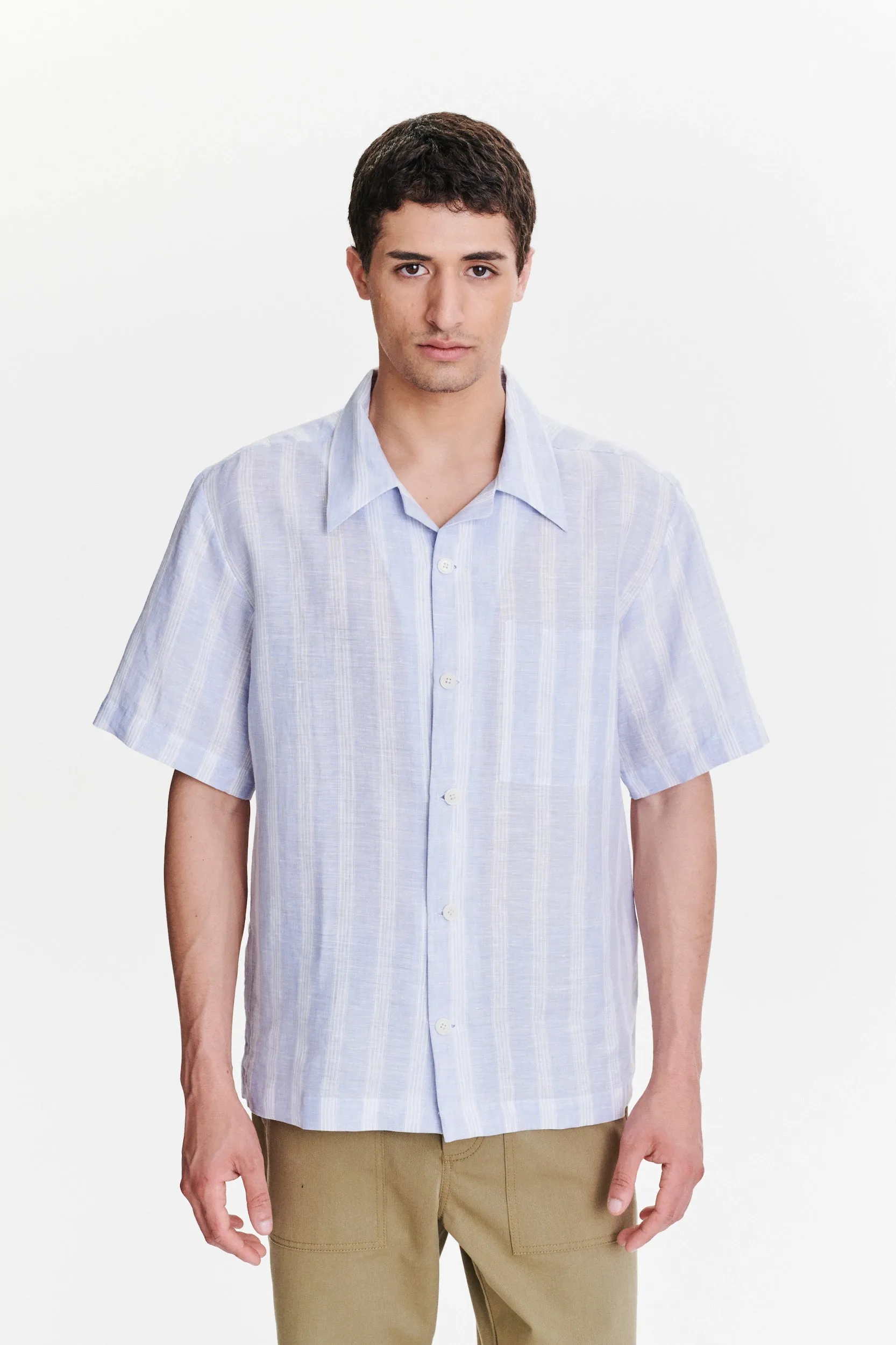 Short Sleeve Cuban Collar Shirt in a Subtle Blue and White Striped Italian Linen sold by Delikatessen product image thumbnail 4