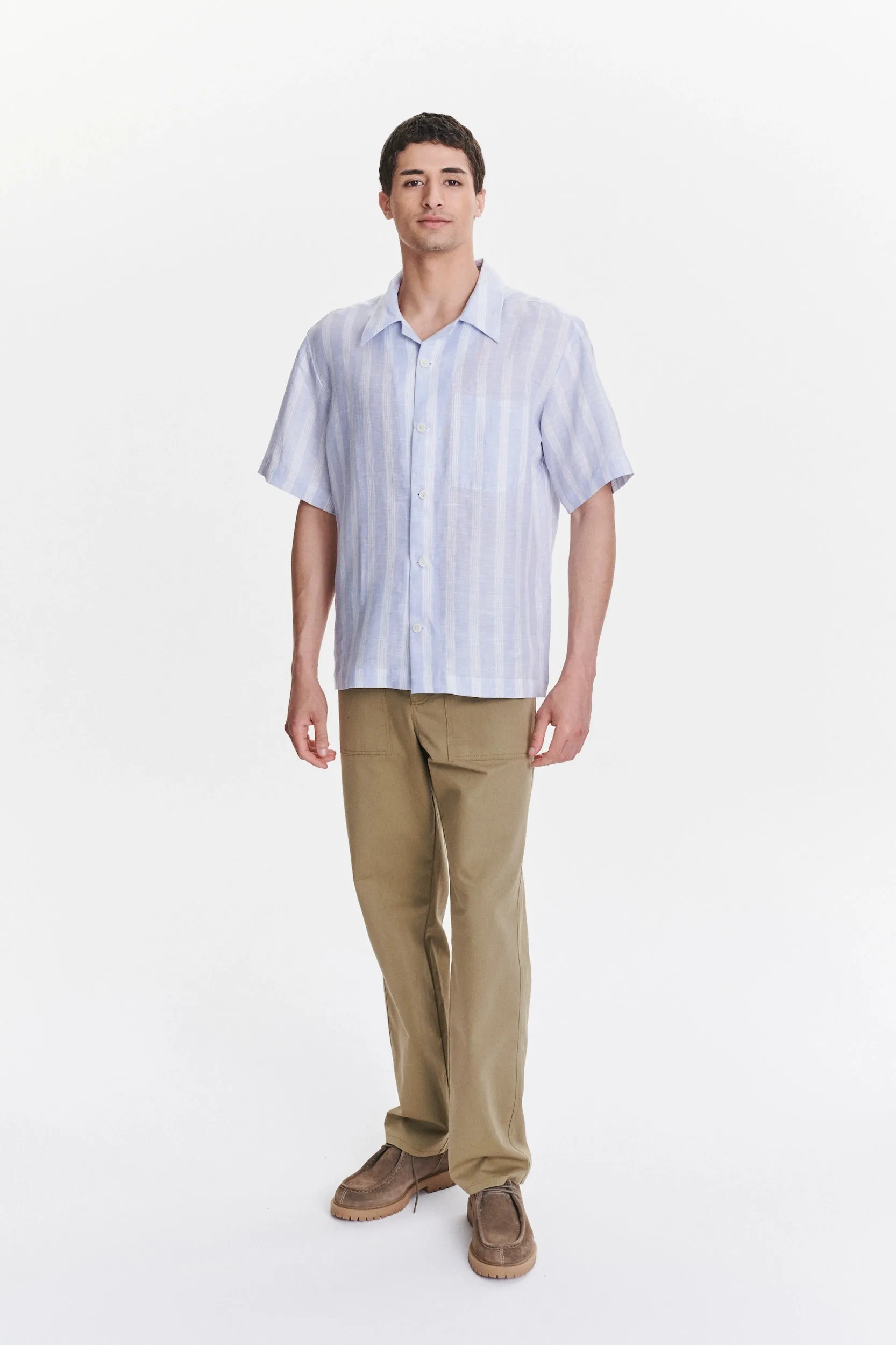 Short Sleeve Cuban Collar Shirt in a Subtle Blue and White Striped Italian Linen sold by Delikatessen