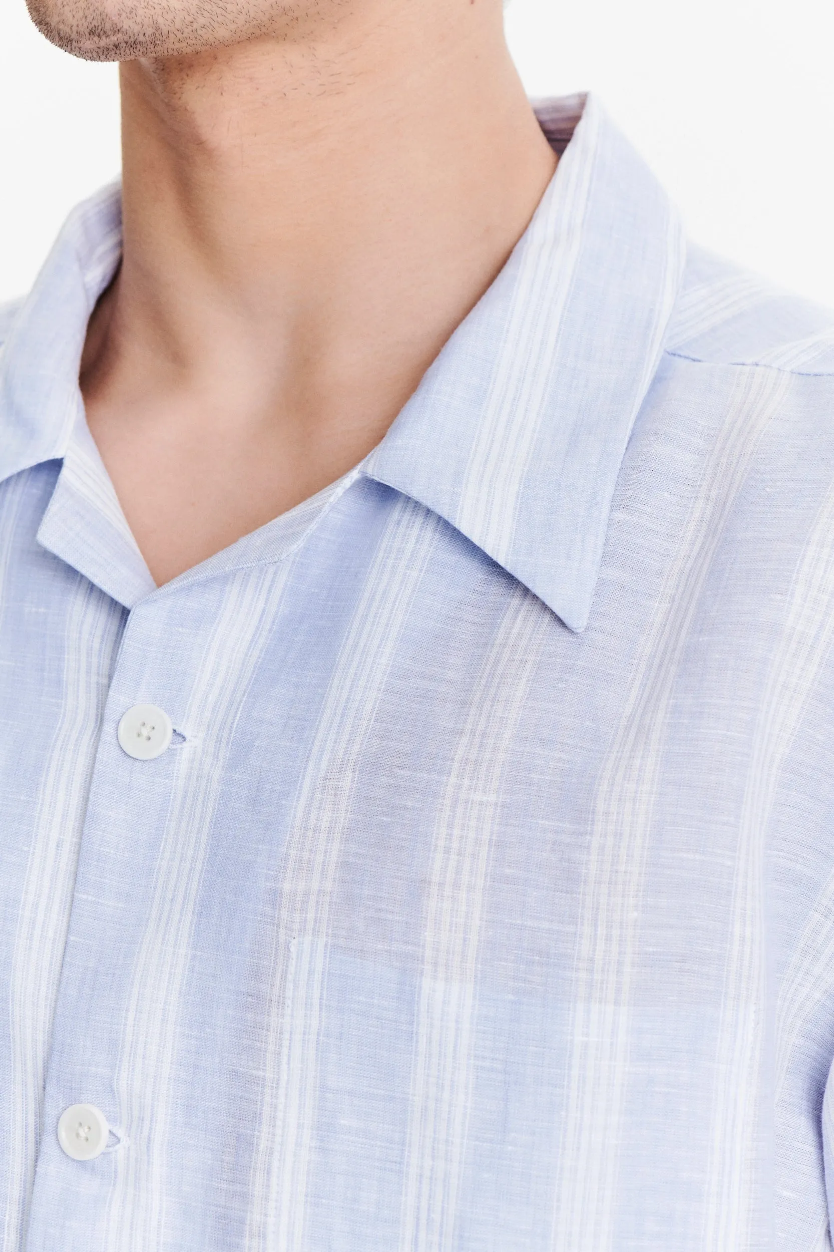 Short Sleeve Cuban Collar Shirt in a Subtle Blue and White Striped Italian Linen sold by Delikatessen product image thumbnail 2