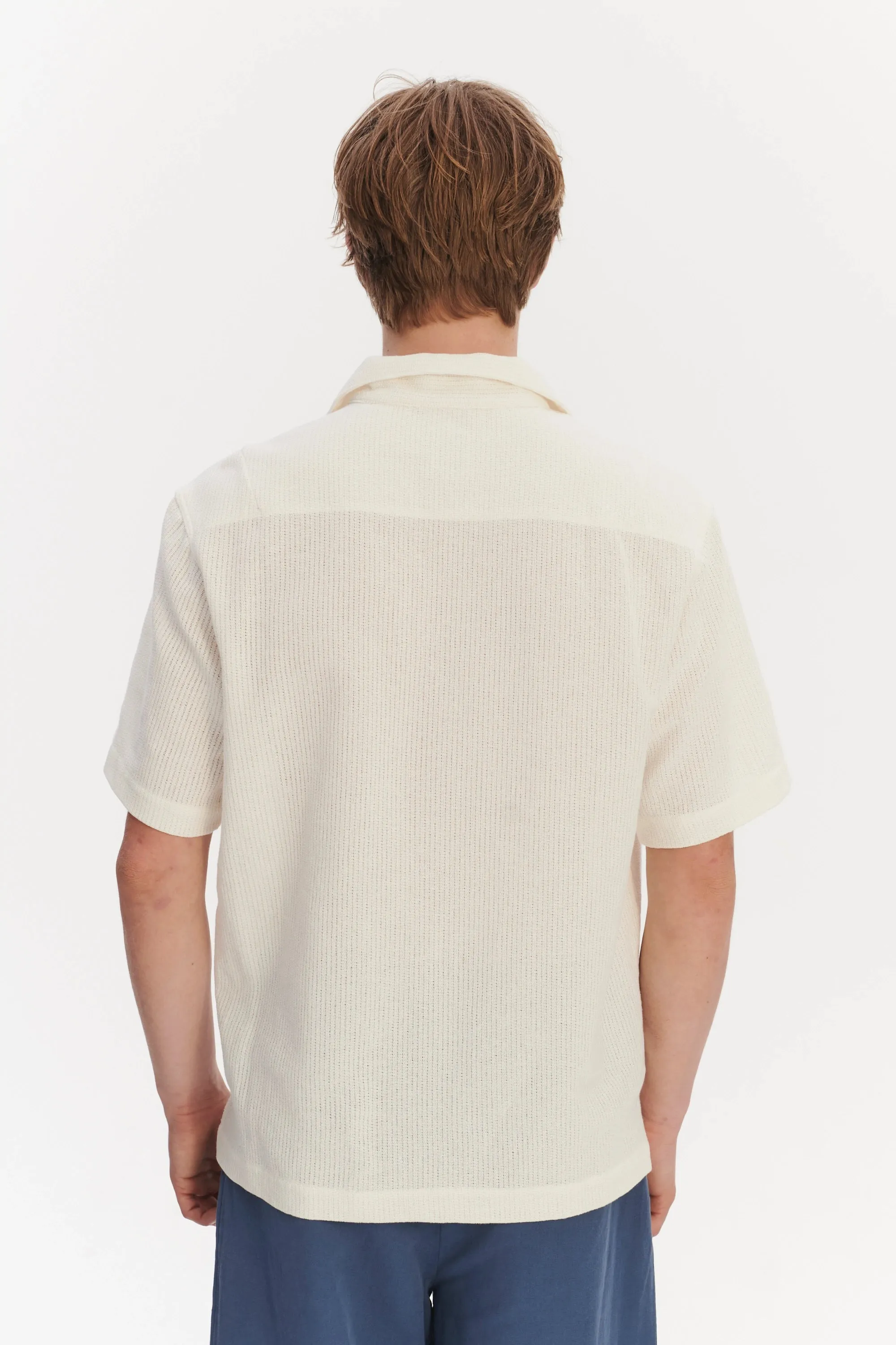 Short Sleeve Pop Over Shirt in a Cream White Airy Structural Portuguese Cotton sold by Delikatessen product image thumbnail 5