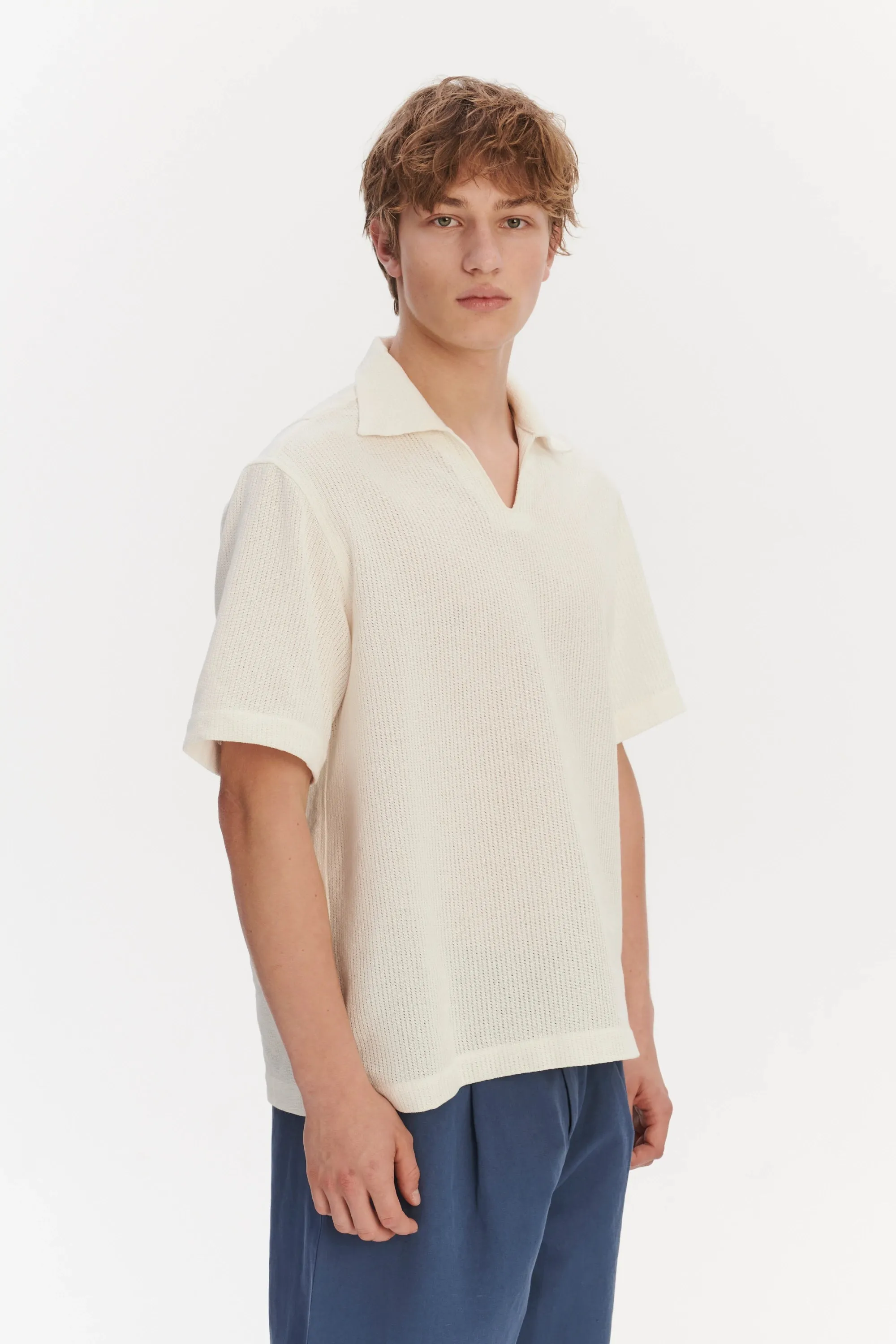 Short Sleeve Pop Over Shirt in a Cream White Airy Structural Portuguese Cotton sold by Delikatessen product image thumbnail 4