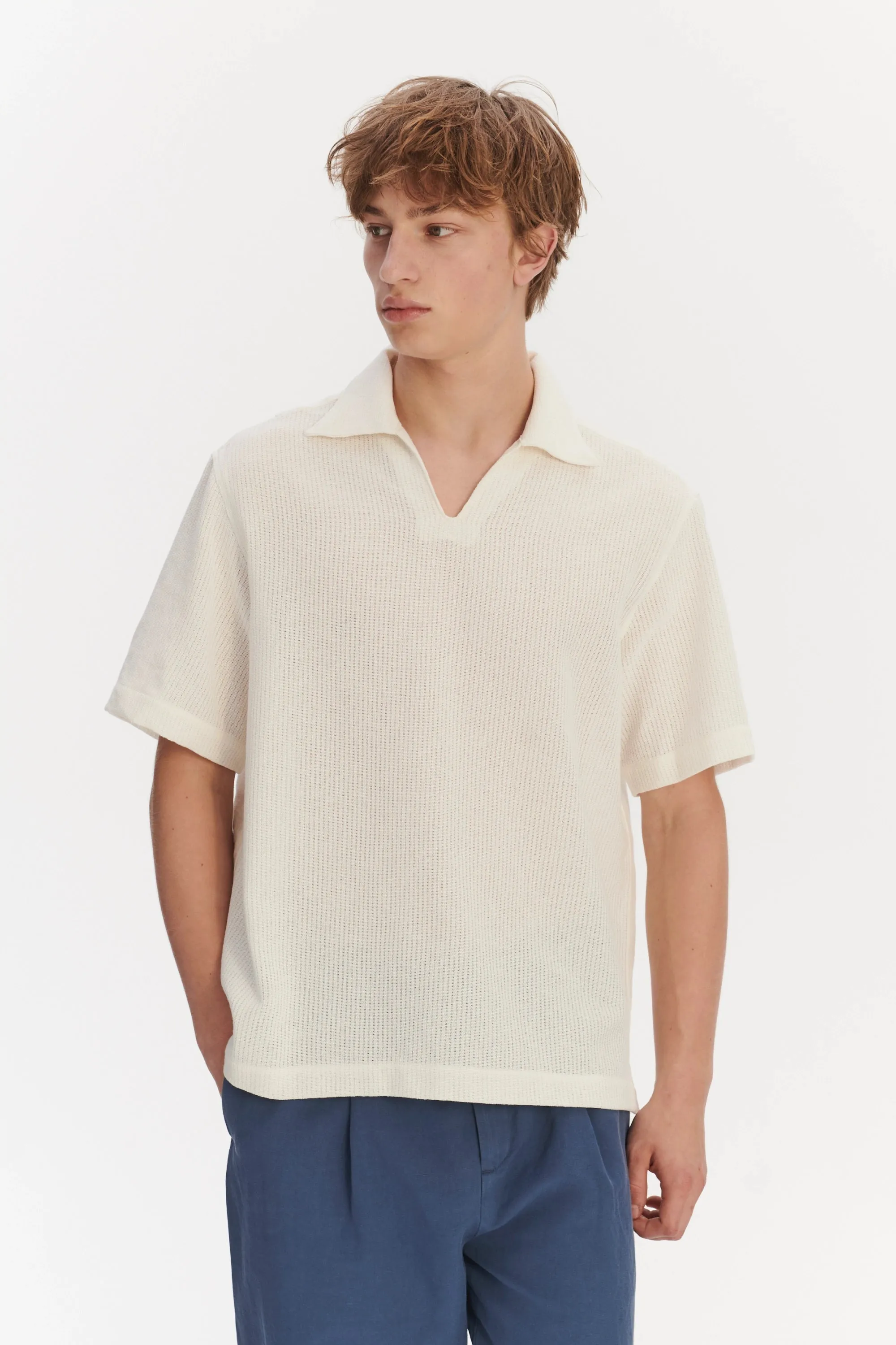 Short Sleeve Pop Over Shirt in a Cream White Airy Structural Portuguese Cotton sold by Delikatessen product image thumbnail 3