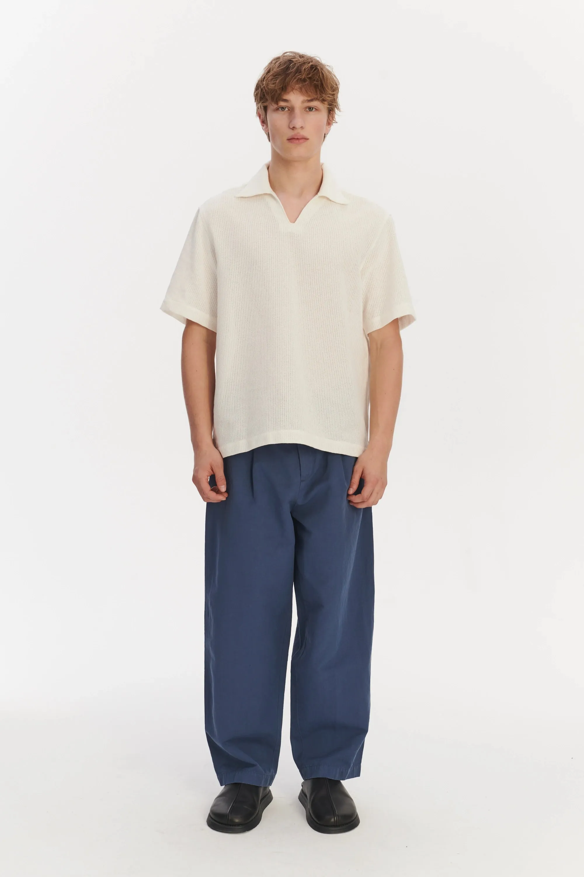 Short Sleeve Pop Over Shirt in a Cream White Airy Structural Portuguese Cotton sold by Delikatessen