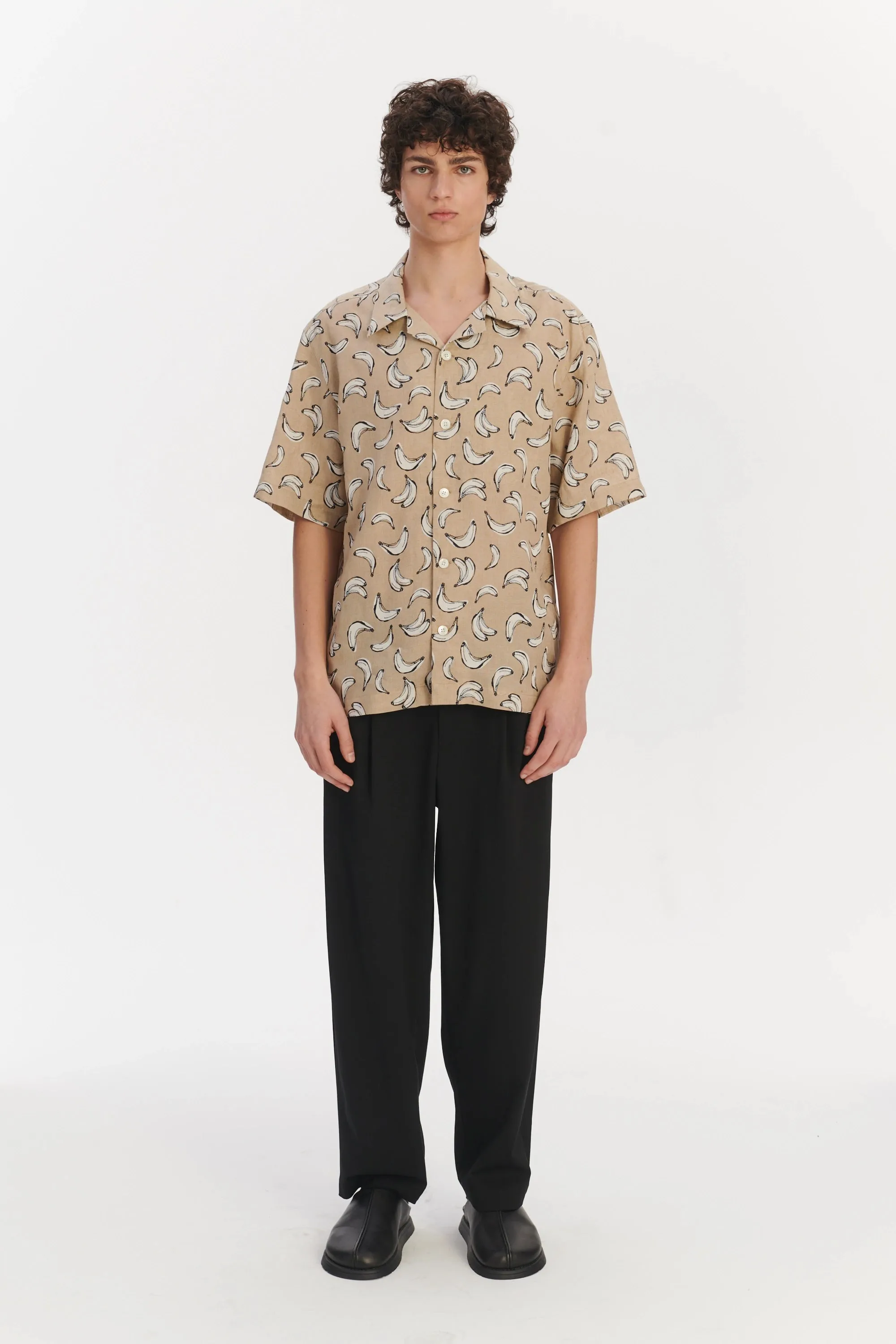 Short Sleeve Relaxed Cuban Collar Shirt in a Beige, White and Black Fine Italian Linen sold by Delikatessen