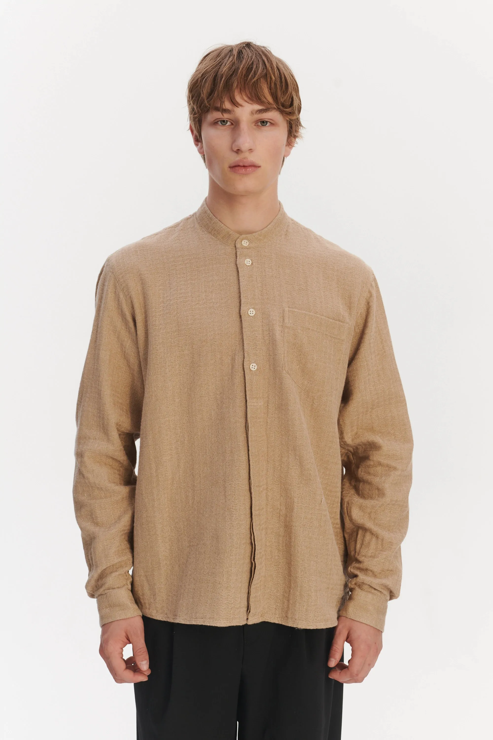 New Zen Grandad Collar Shirt in a Beige Double Sided Portuguese Cotton and Linen sold by Delikatessen product image thumbnail 5