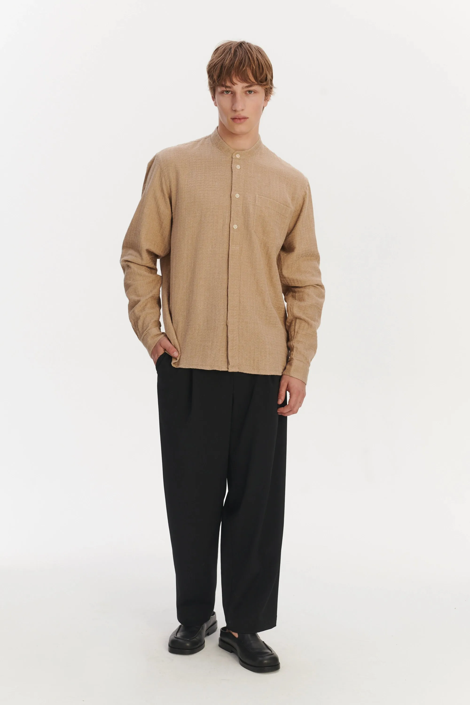 New Zen Grandad Collar Shirt in a Beige Double Sided Portuguese Cotton and Linen sold by Delikatessen