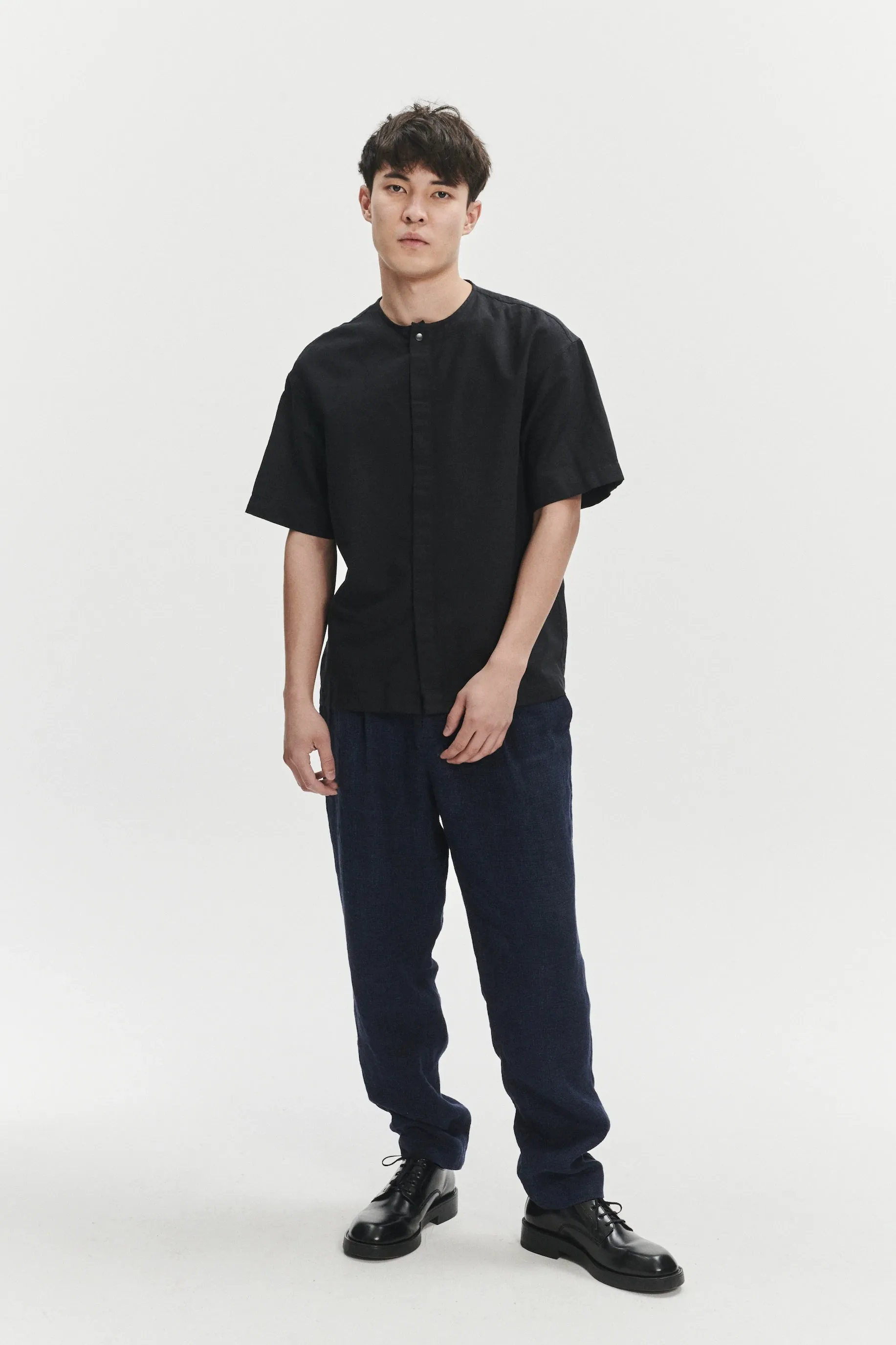 Short Sleeve Minimal Shirt in a Black Fine Portuguese Cotton and Linen sold by Delikatessen