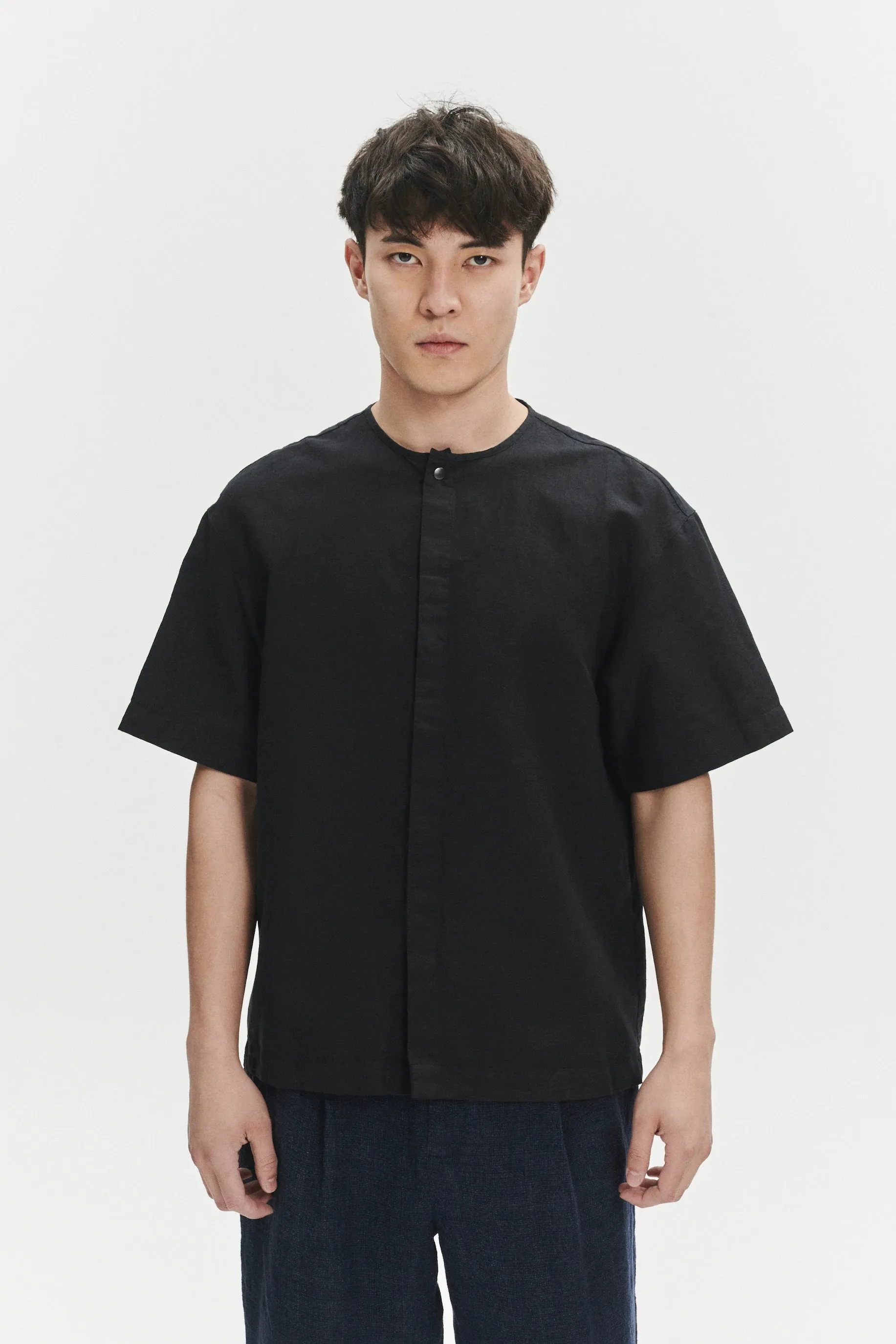 Short Sleeve Minimal Shirt in a Black Fine Portuguese Cotton and Linen sold by Delikatessen product image thumbnail 3