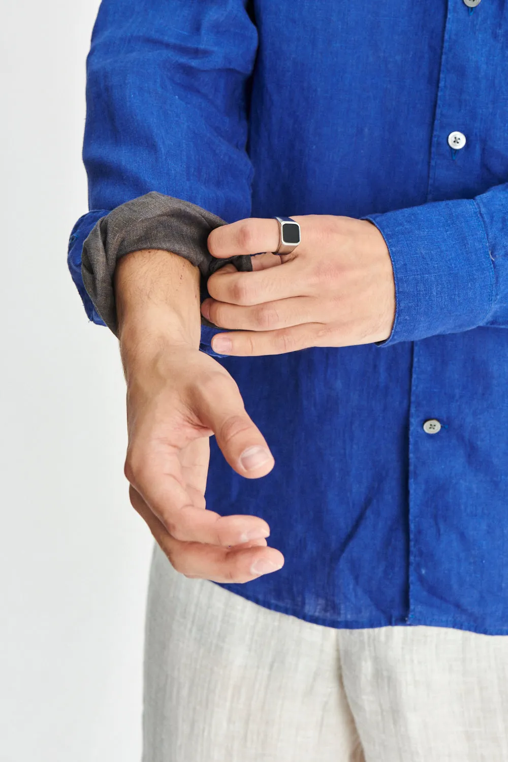 Feel Good Shirt in a Cobalt Blue and Taupe Double Sided Italian Linen sold by Delikatessen product image thumbnail 2