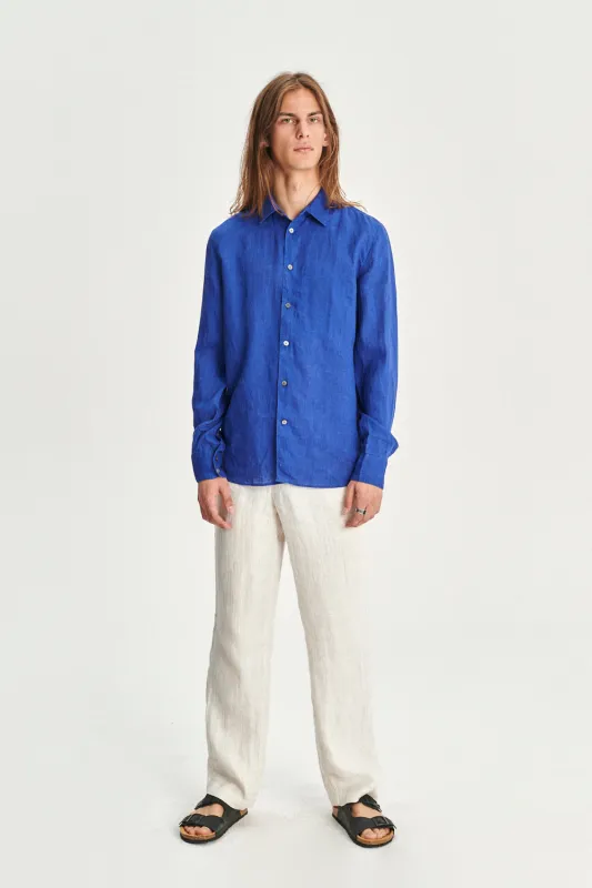 Feel Good  Shirt in a Cobalt Blue and Taupe Double Sided Italian Linen sold by Delikatessen