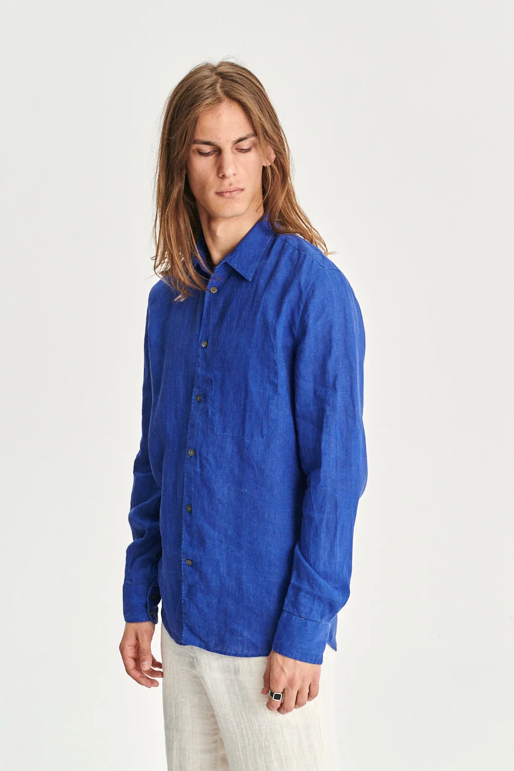 Feel Good Shirt in a Cobalt Blue and Taupe Double Sided Italian Linen sold by Delikatessen product image thumbnail 4