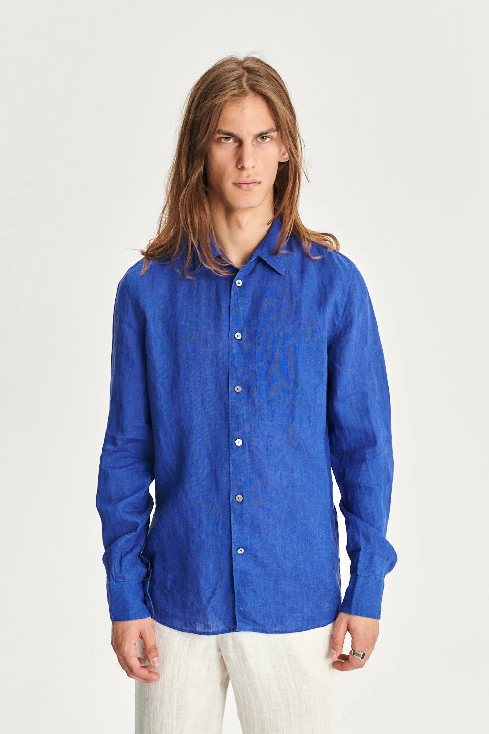 Feel Good Shirt in a Cobalt Blue and Taupe Double Sided Italian Linen sold by Delikatessen product image thumbnail 3