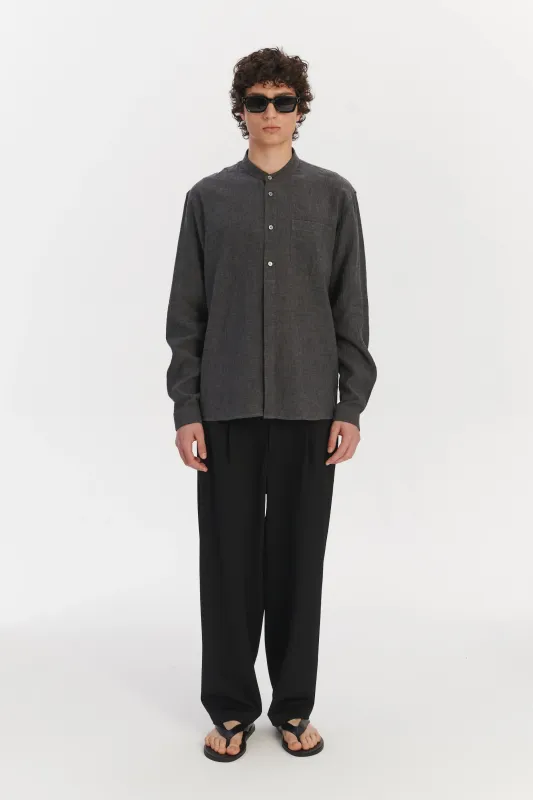 New Zen Grandad Collar Shirt in a Charcoal Grey Mix of Japanese Linen and Cotton sold by Delikatessen