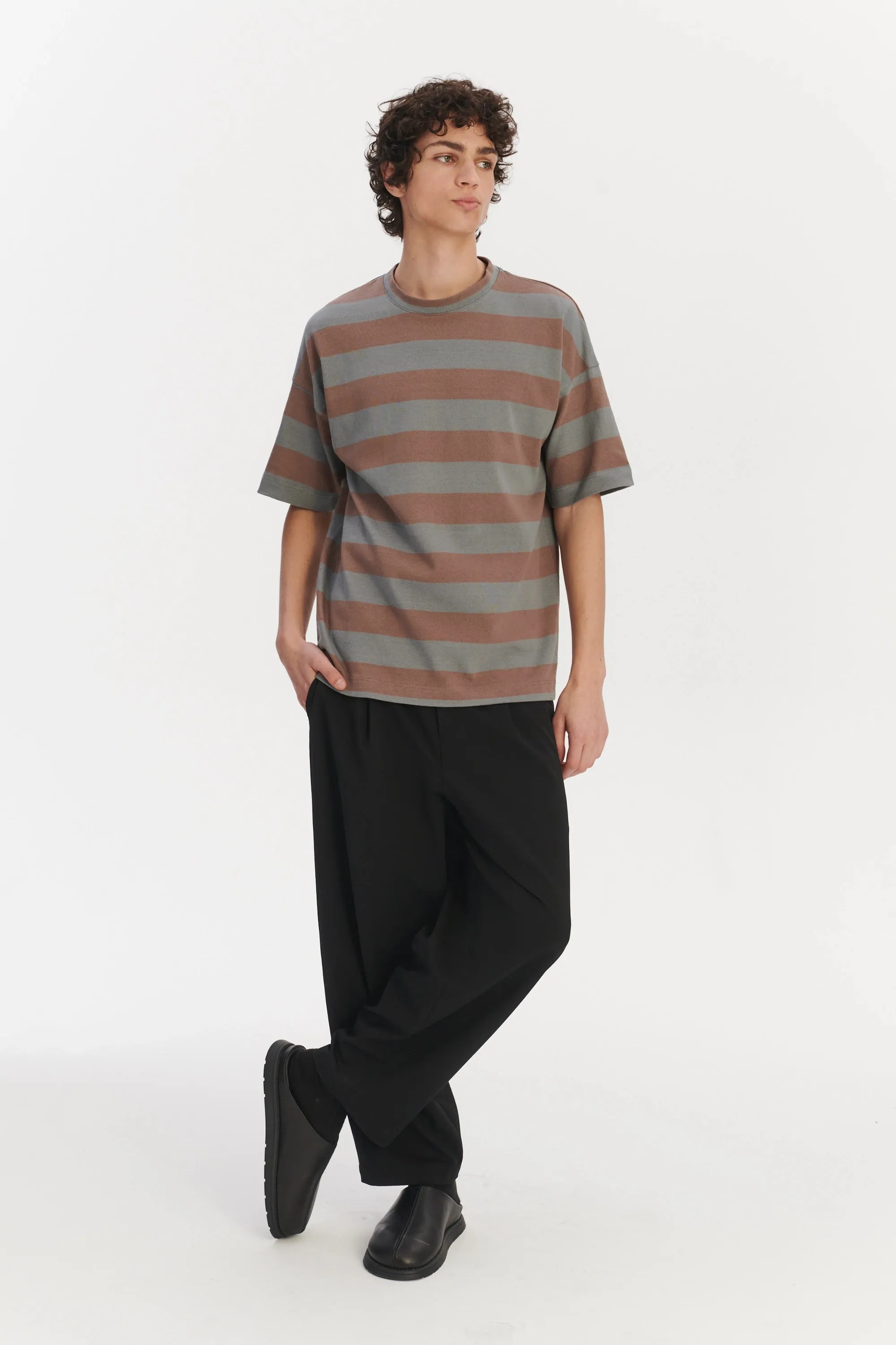 Oversized T-Shirt in a Thick Taupe Beige and Sea Blue Horizontal Striped Portuguese Organic Cotton sold by Delikatessen product image thumbnail 5