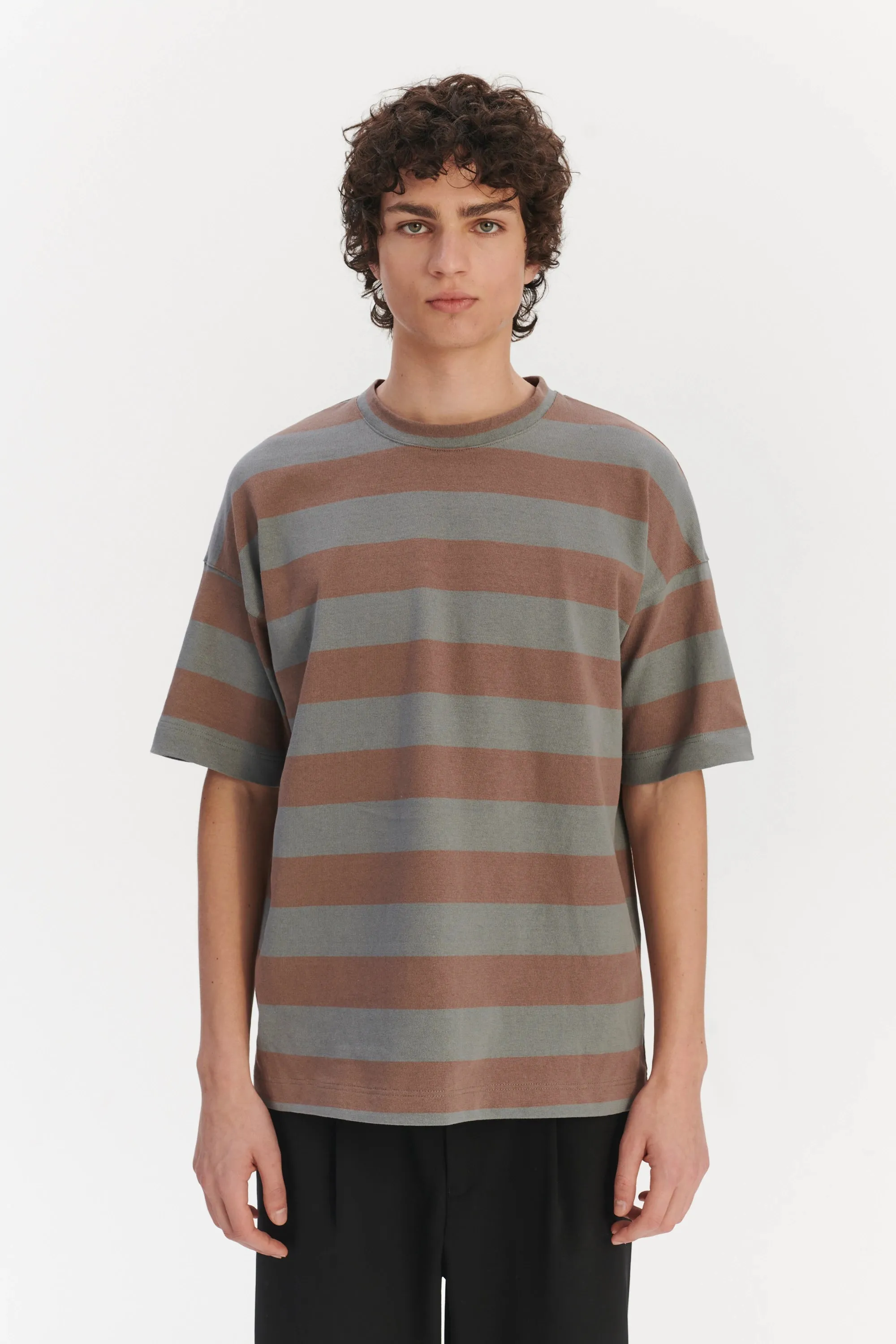 Oversized T-Shirt in a Thick Taupe Beige and Sea Blue Horizontal Striped Portuguese Organic Cotton sold by Delikatessen product image thumbnail 2