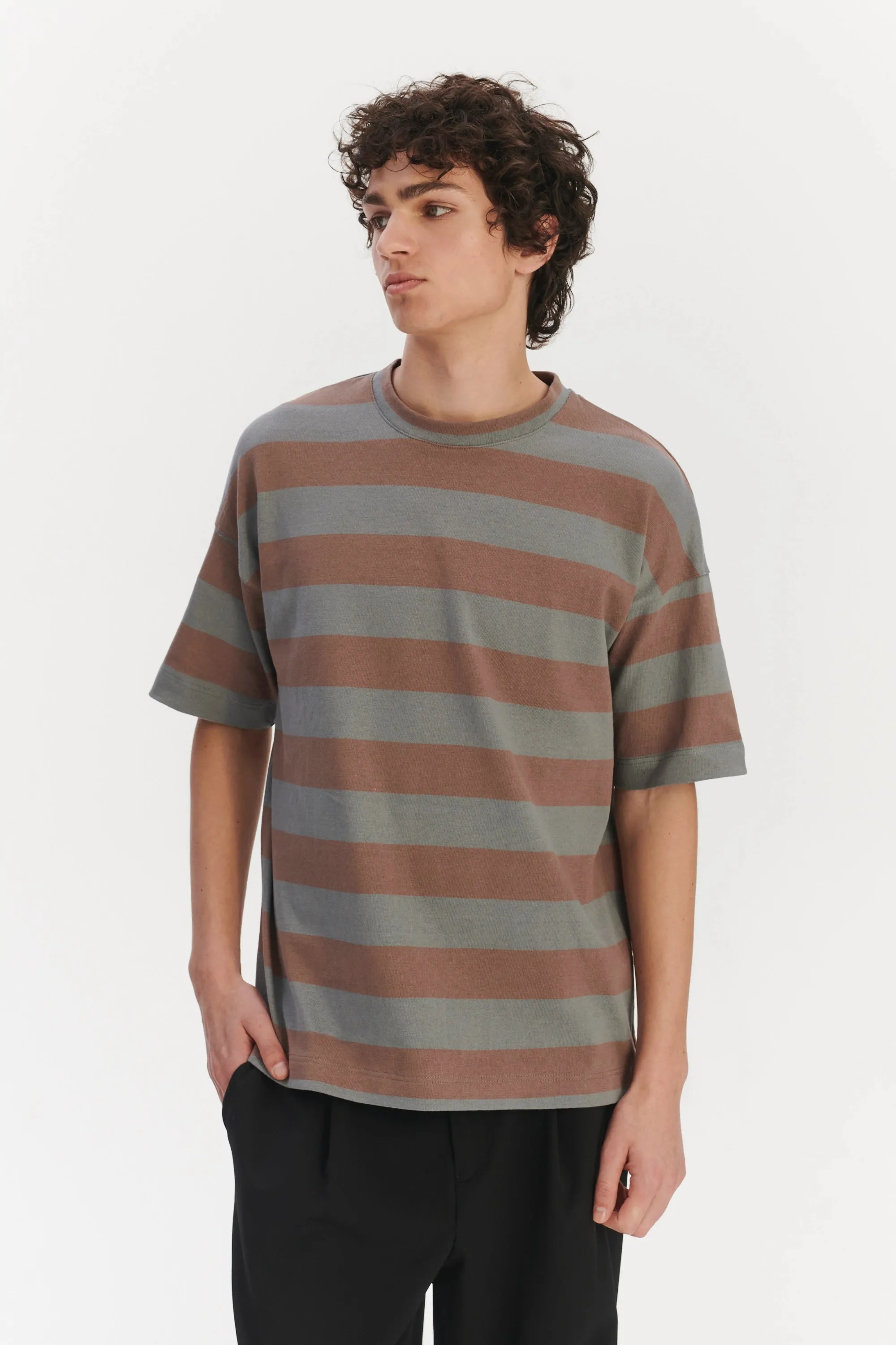 Oversized T-Shirt in a Thick Taupe Beige and Sea Blue Horizontal Striped Portuguese Organic Cotton sold by Delikatessen product image thumbnail 4