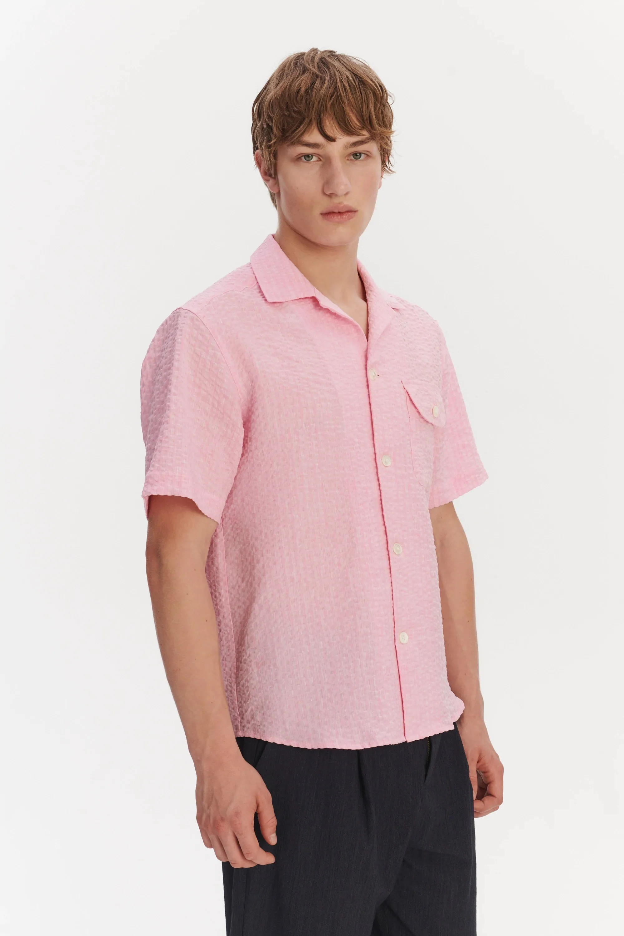 Short Sleeve Camp Collar Shirt in a Pink Italian Linen Seersucker by Albini sold by Delikatessen product image thumbnail 3