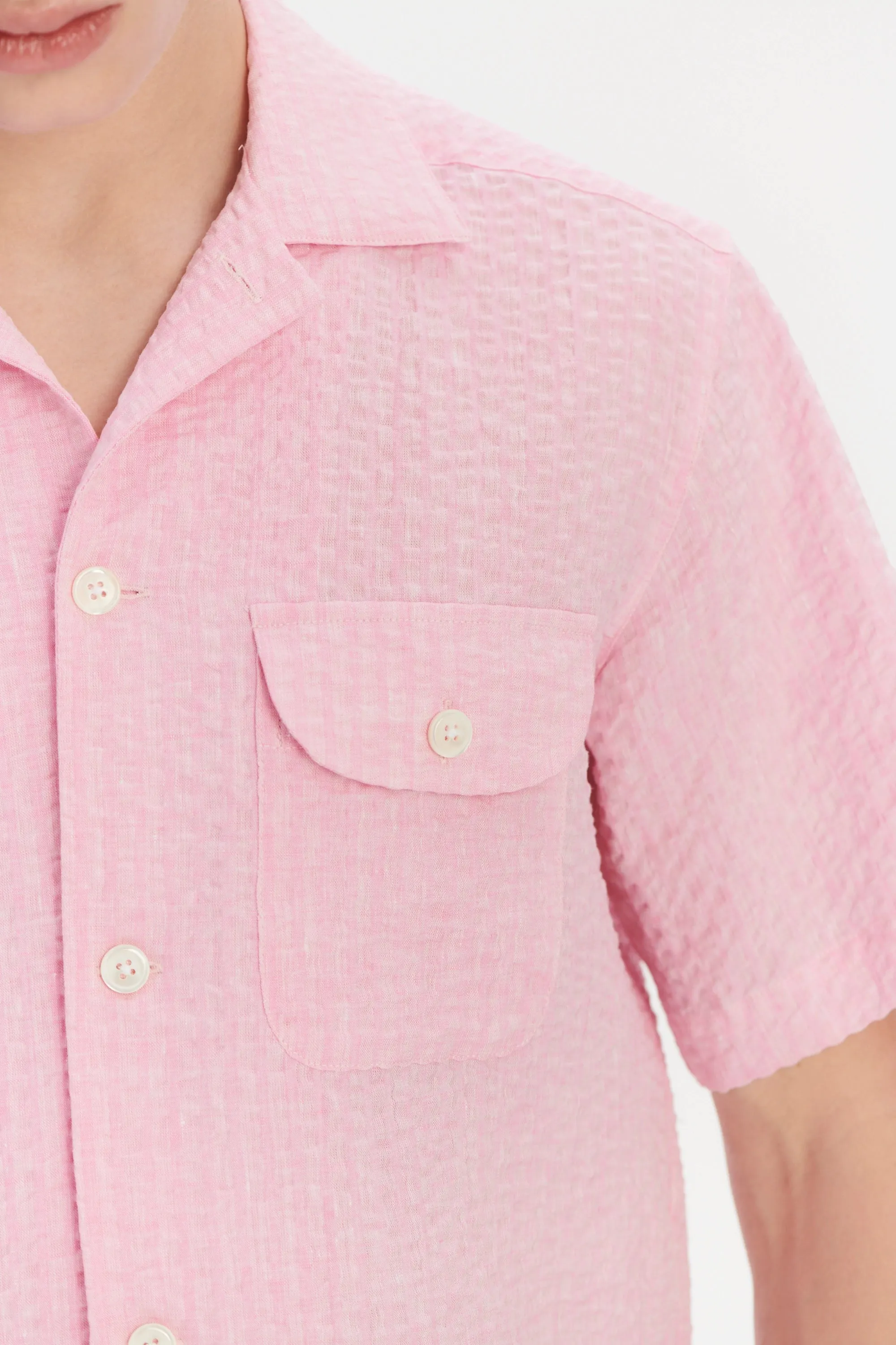 Short Sleeve Camp Collar Shirt in a Pink Italian Linen Seersucker by Albini sold by Delikatessen product image thumbnail 2