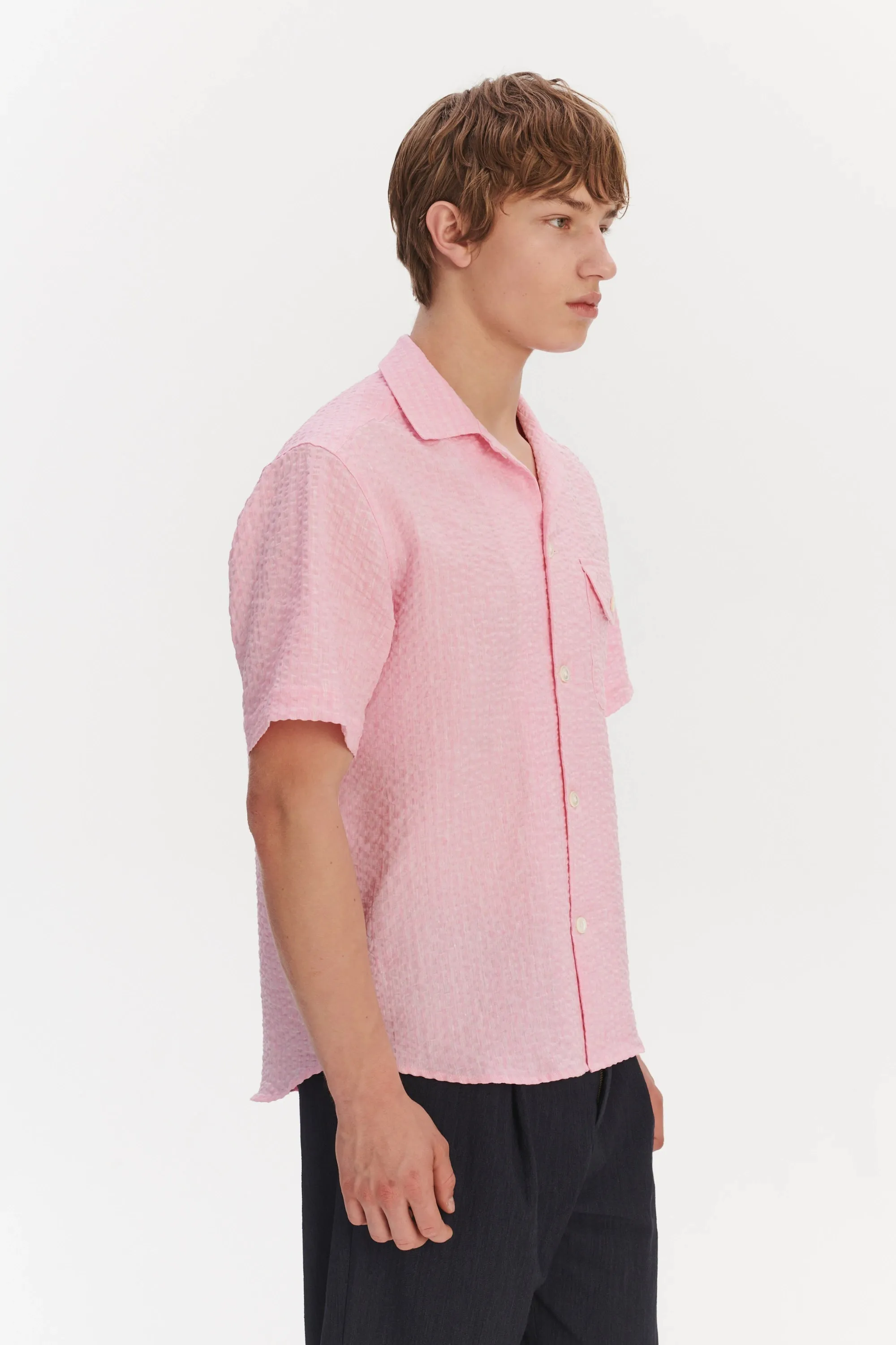 Short Sleeve Camp Collar Shirt in a Pink Italian Linen Seersucker by Albini sold by Delikatessen product image thumbnail 4