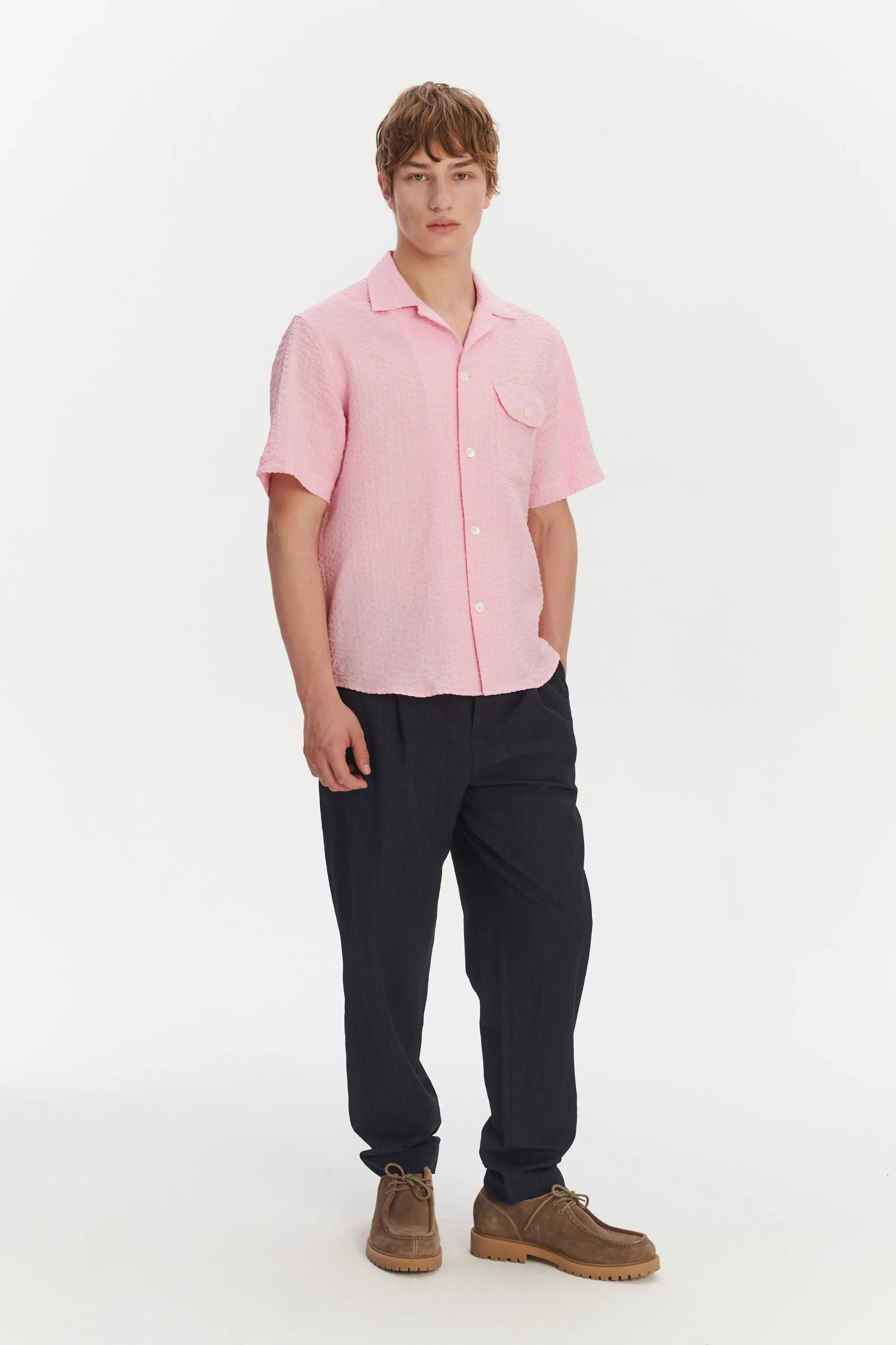 Short Sleeve Camp Collar Shirt in a Pink Italian Linen Seersucker by Albini sold by Delikatessen