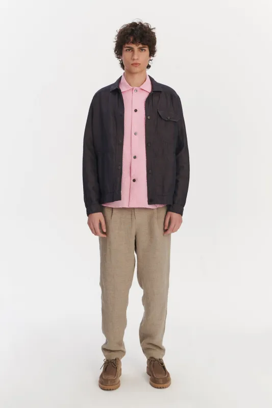 French Workwear Jacket in a Purple Brown Light Italian Linen sold by Delikatessen