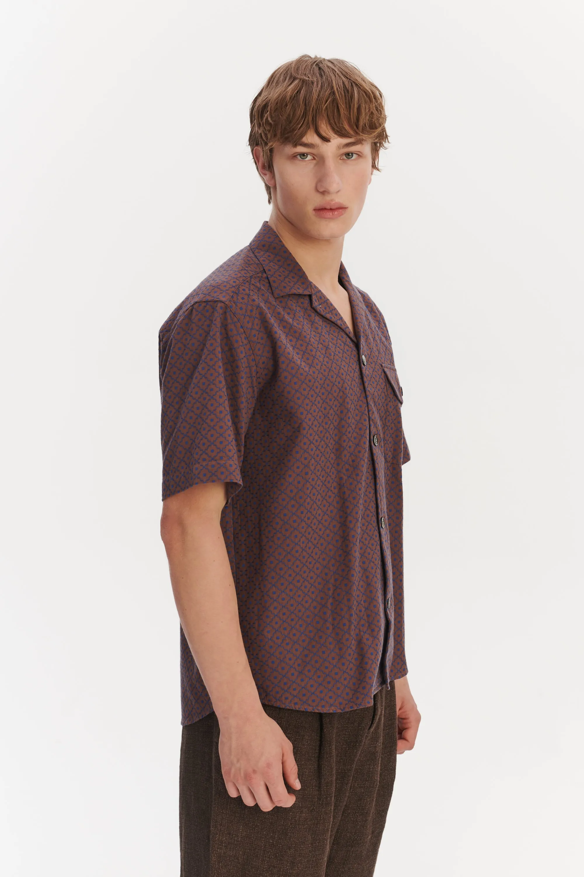 Camp Collar Shirt in a Brown and Navy Jacquard sold by Delikatessen product image thumbnail 5