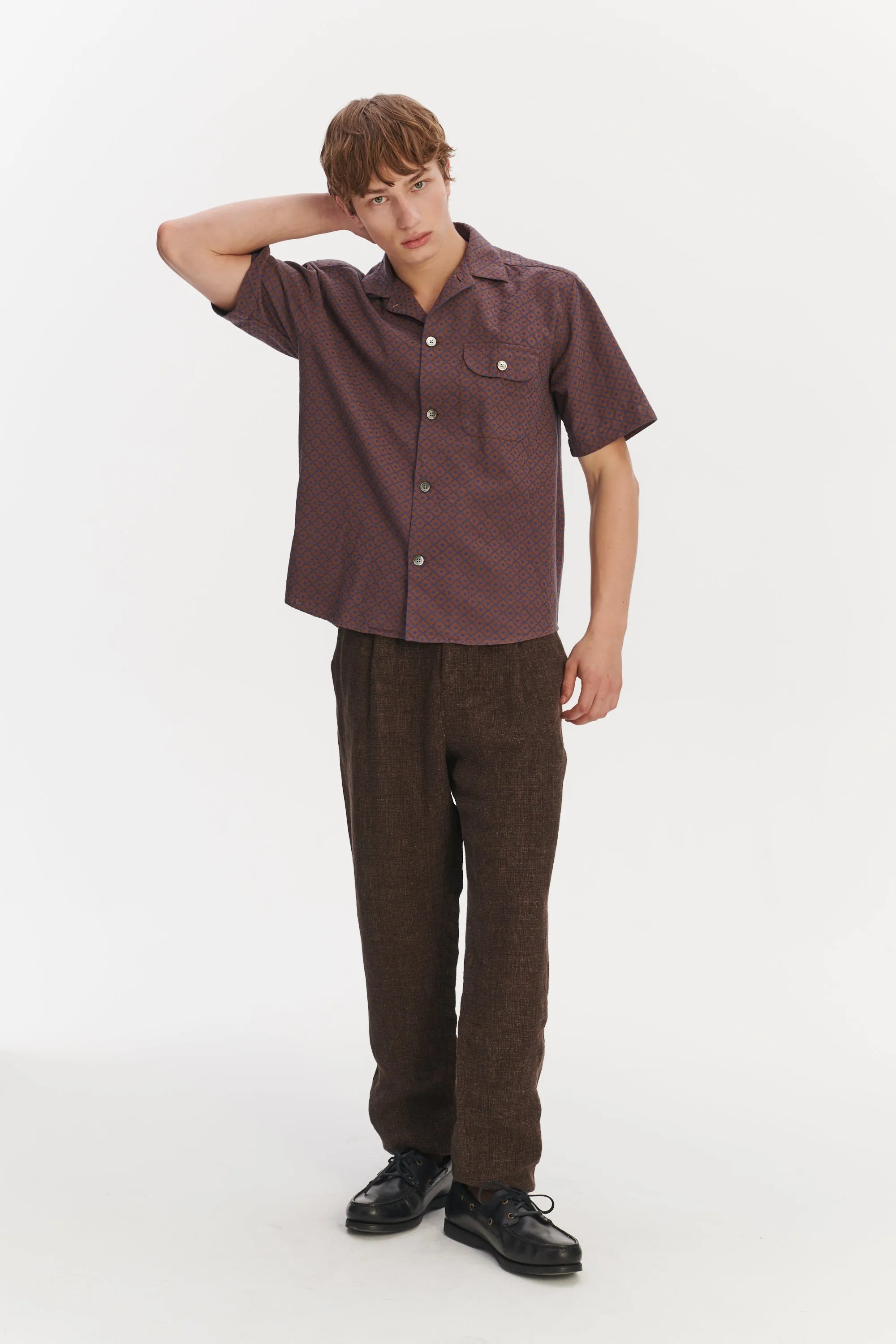Camp Collar Shirt in a Brown and Navy Jacquard sold by Delikatessen product image thumbnail 3