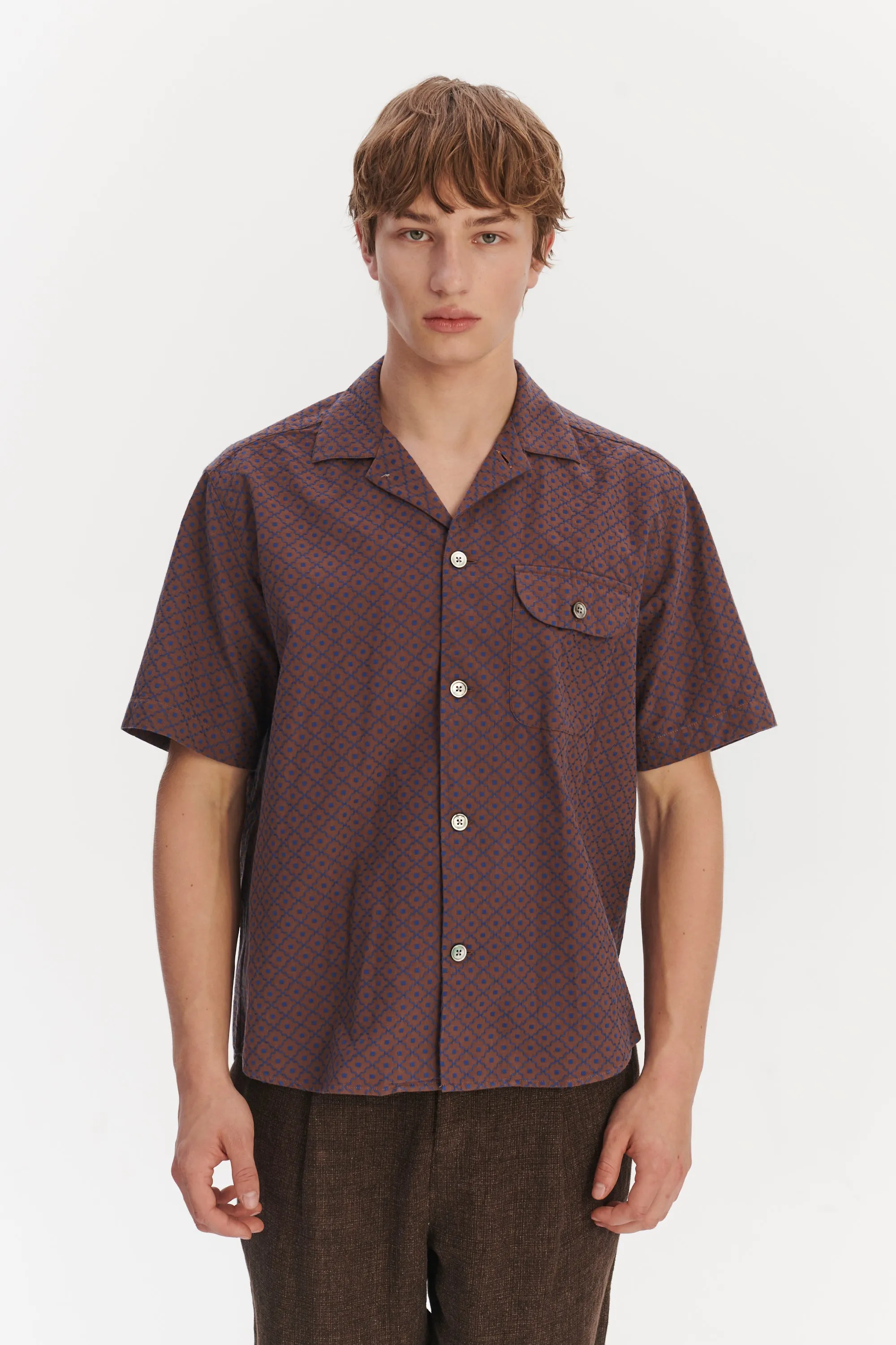Camp Collar Shirt in a Brown and Navy Jacquard sold by Delikatessen product image thumbnail 4