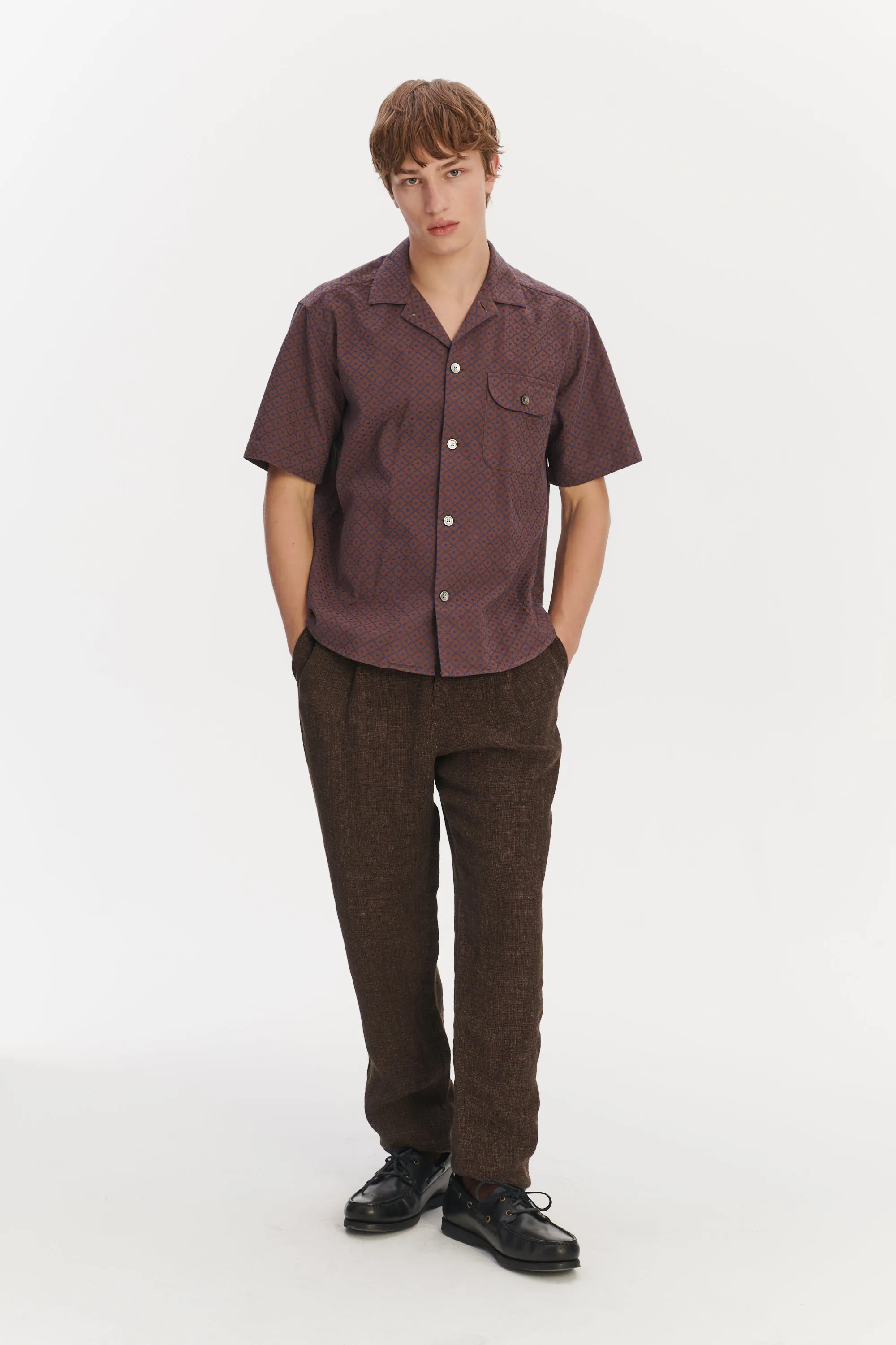 Camp Collar Shirt in a Brown and Navy Jacquard sold by Delikatessen