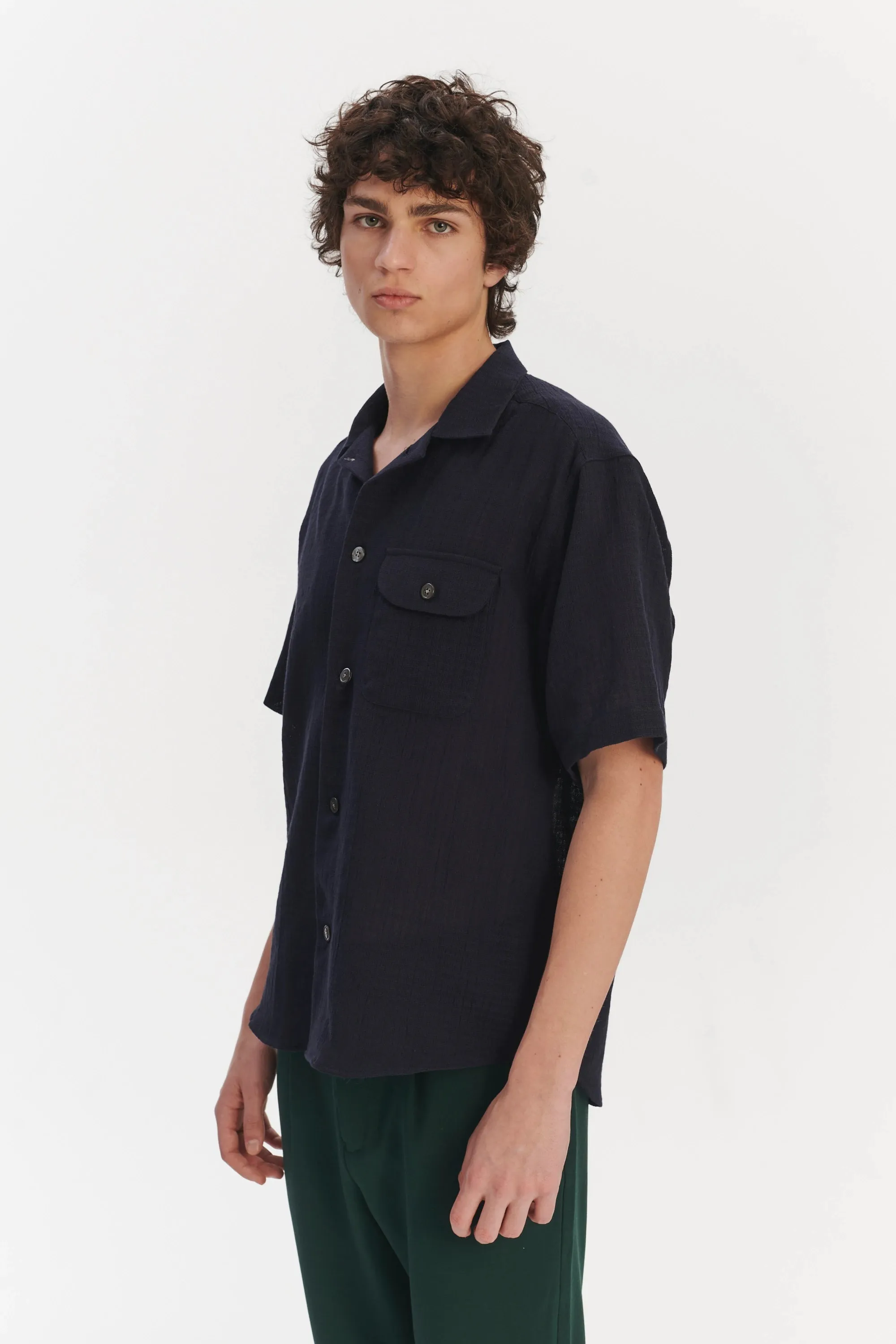 Short Sleeve Camp Collar Shirt in a Dark Navy Structural Portuguese Cotton sold by Delikatessen product image thumbnail 5