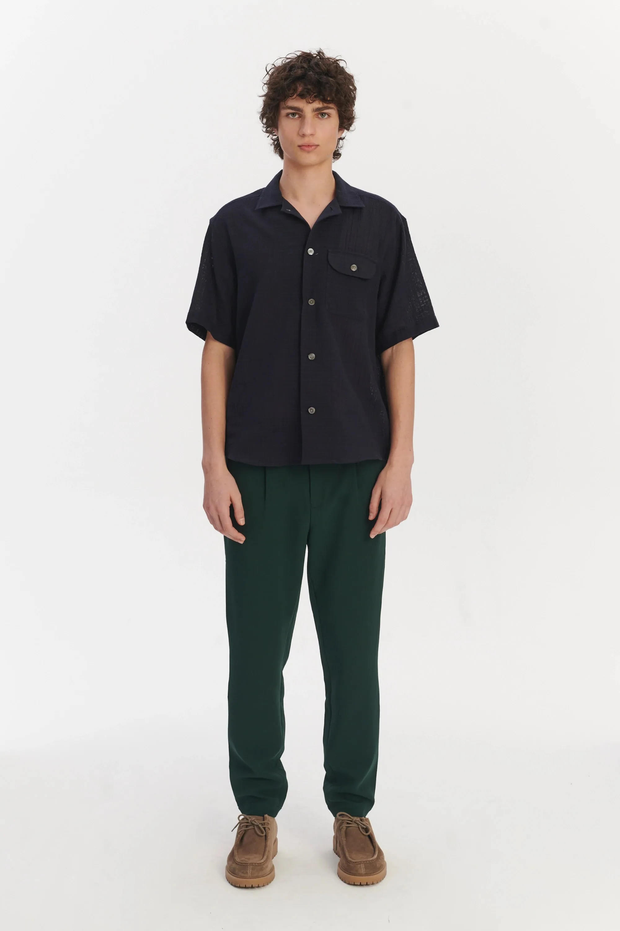 Short Sleeve Camp Collar Shirt in a Dark Navy Structural Portuguese Cotton sold by Delikatessen product image thumbnail 3