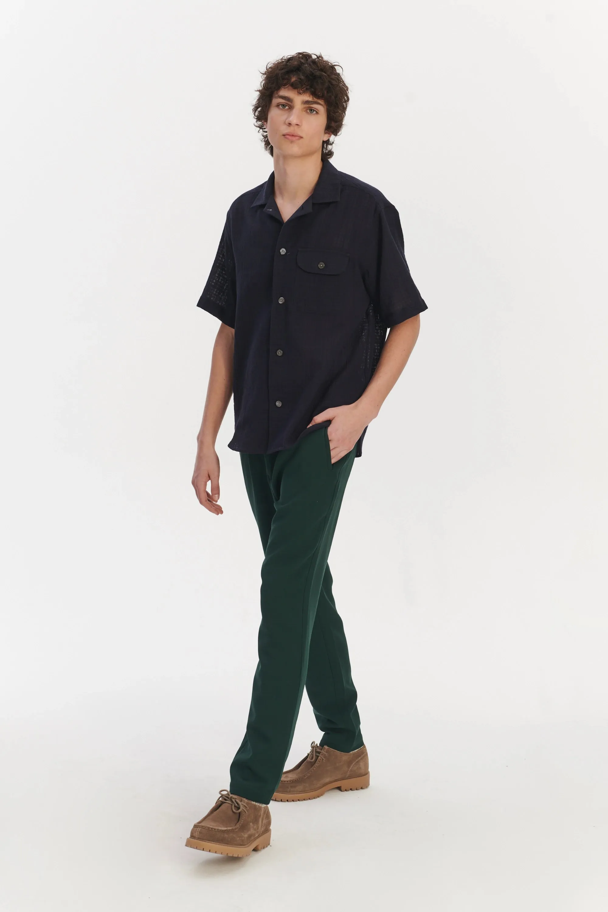 Short Sleeve Camp Collar Shirt in a Dark Navy Structural Portuguese Cotton sold by Delikatessen product image thumbnail 2