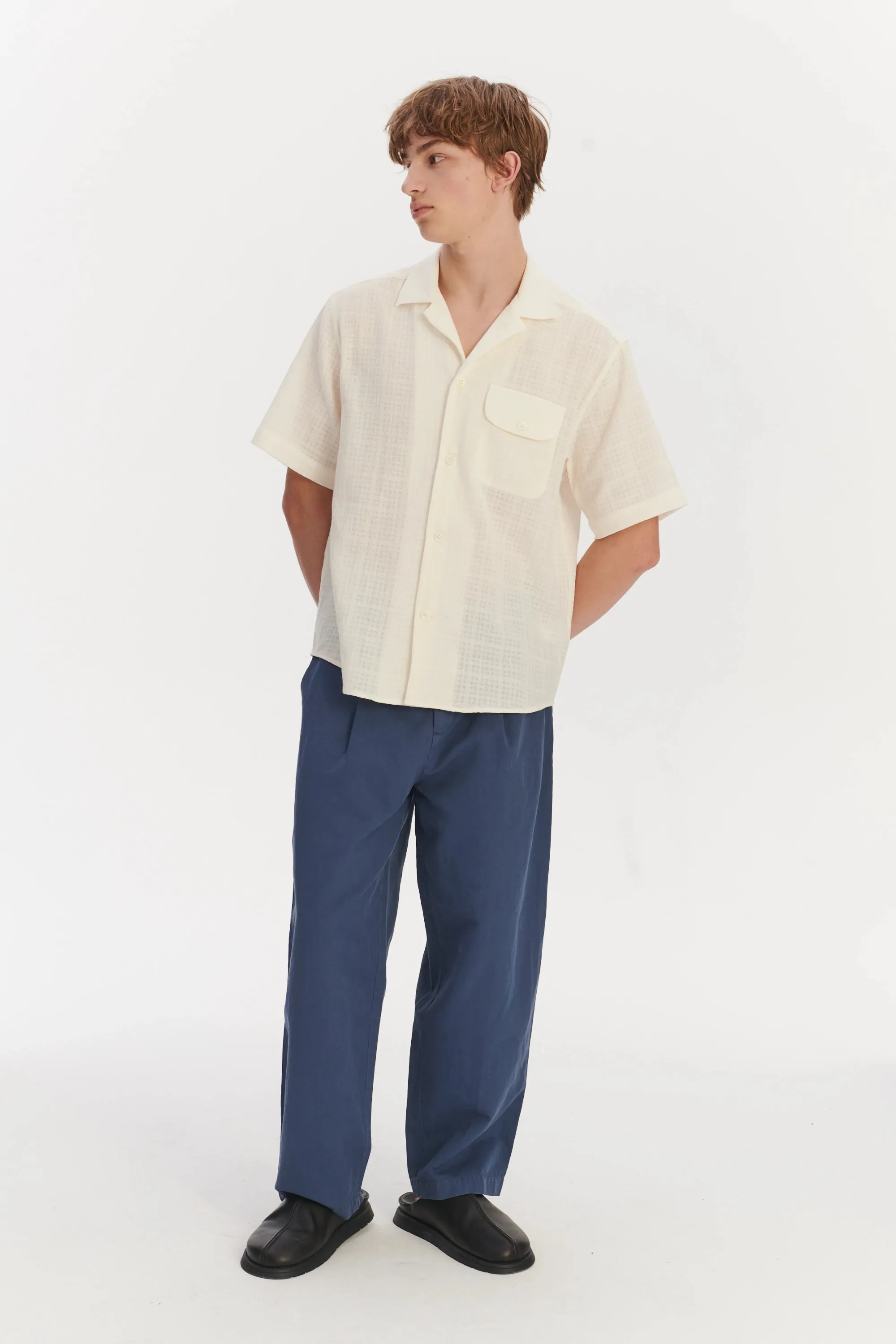 Short Sleeve Camp Collar Shirt in a Cream White Airy Structural Portuguese Cotton sold by Delikatessen product image thumbnail 5