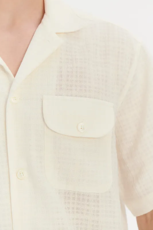 Short Sleeve Camp Collar Shirt  in a Cream White Airy Structural Portuguese Cotton sold by Delikatessen